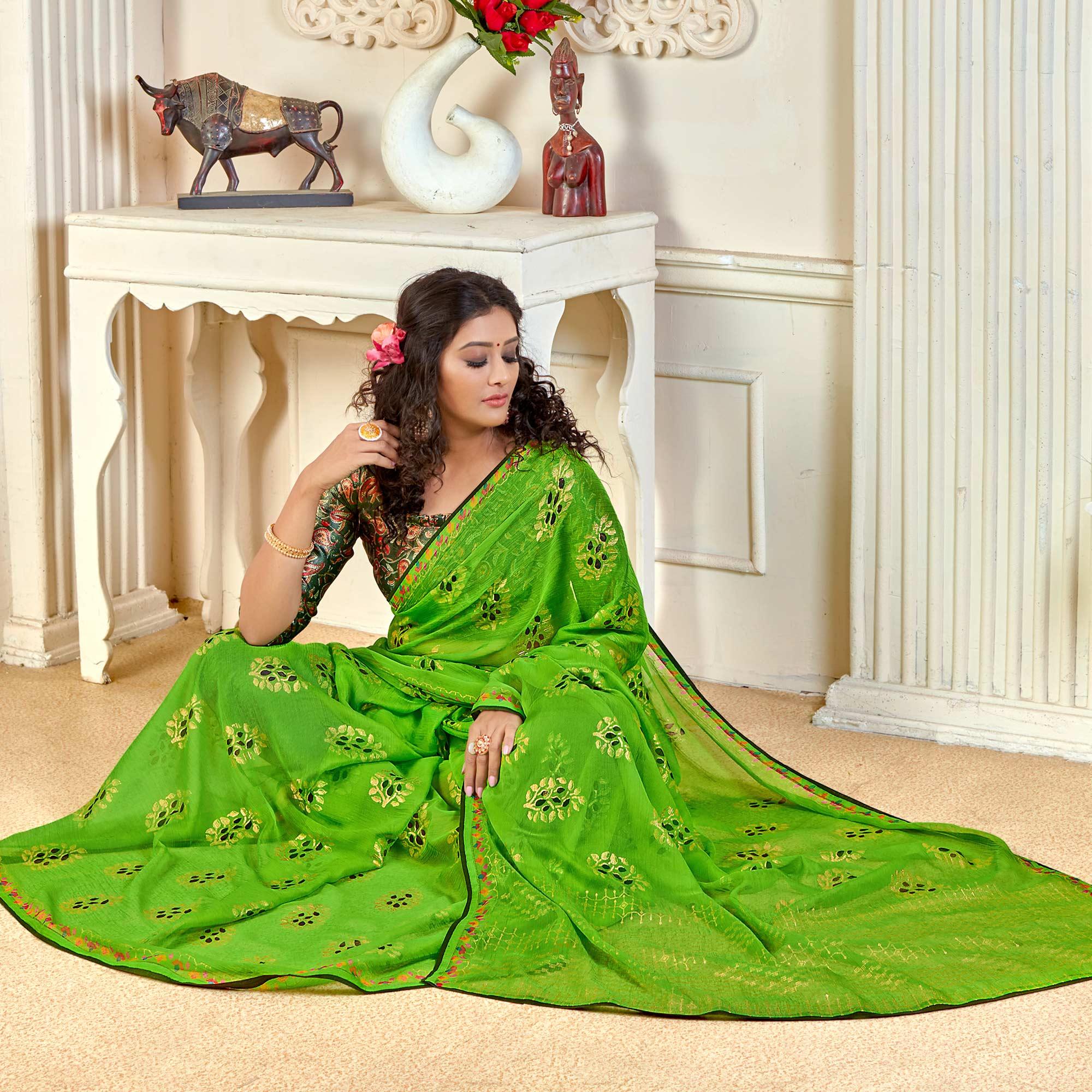 Green Casual Wear Foil Printed Pure Chiffon Saree - Peachmode