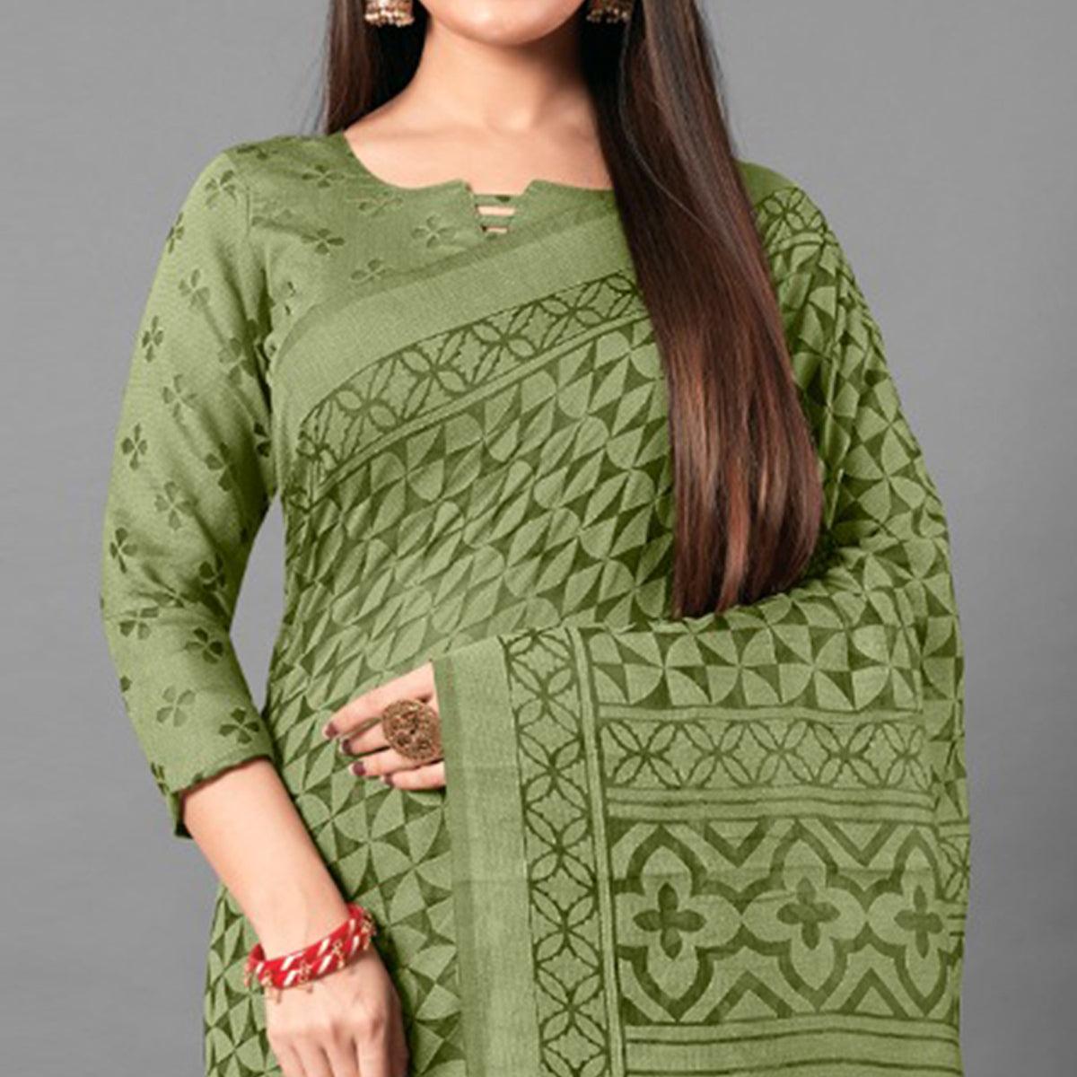 Green Casual Wear Geometric Brasso Saree - Peachmode