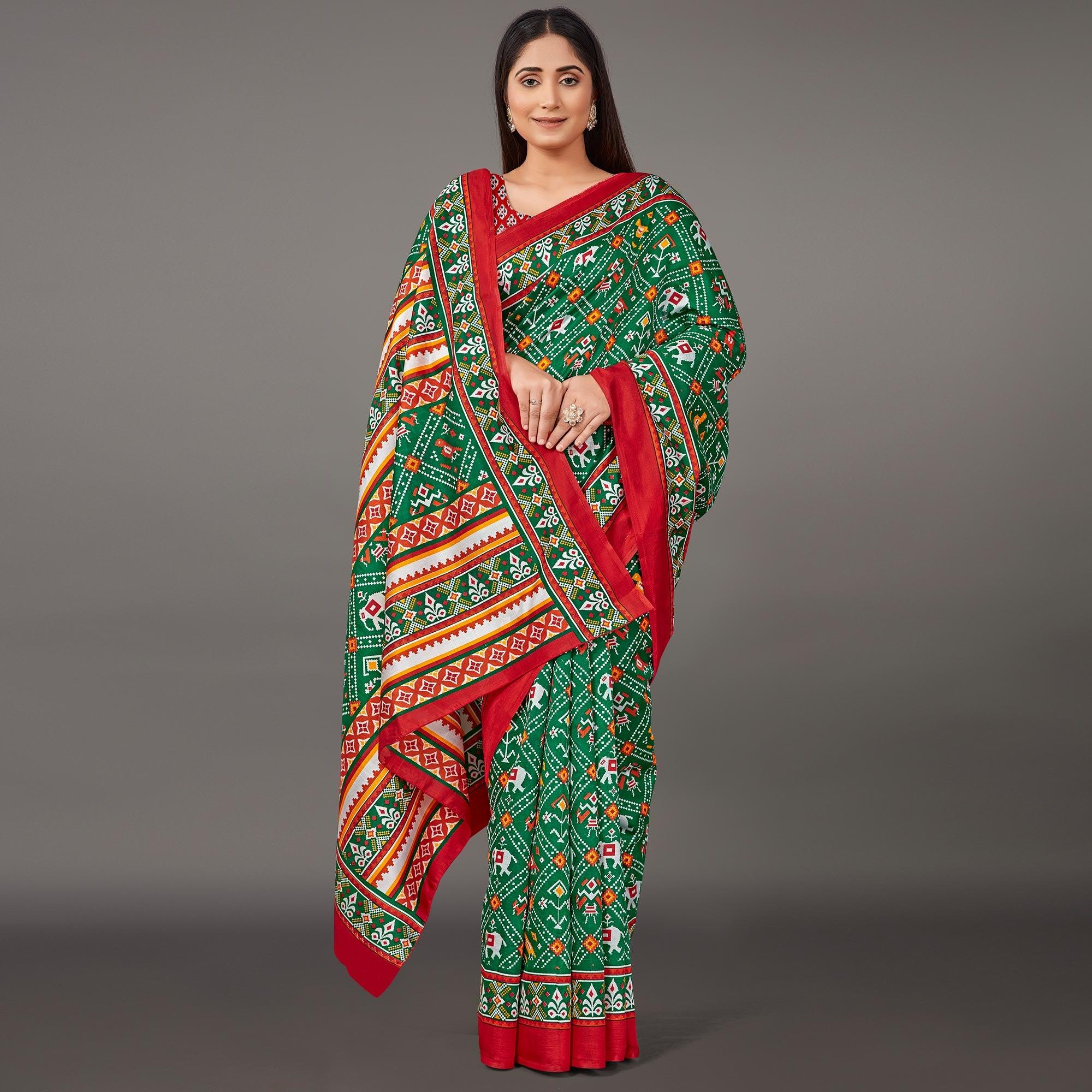 Green Casual Wear Geometric Printed Art Silk Saree - Peachmode