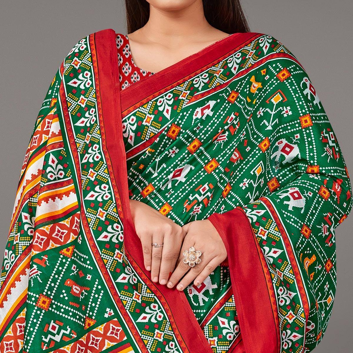 Green Casual Wear Geometric Printed Art Silk Saree - Peachmode