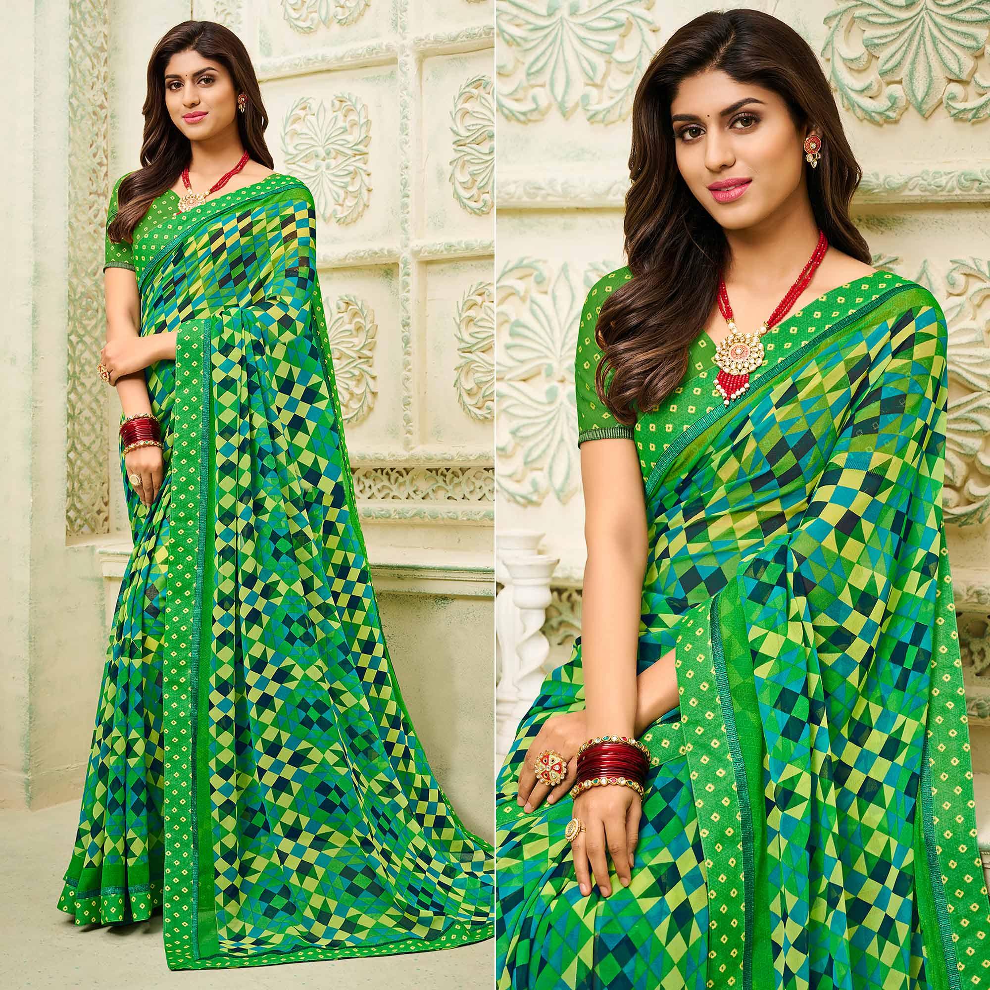 Green Casual Wear Geometric Printed Georgette Saree - Peachmode