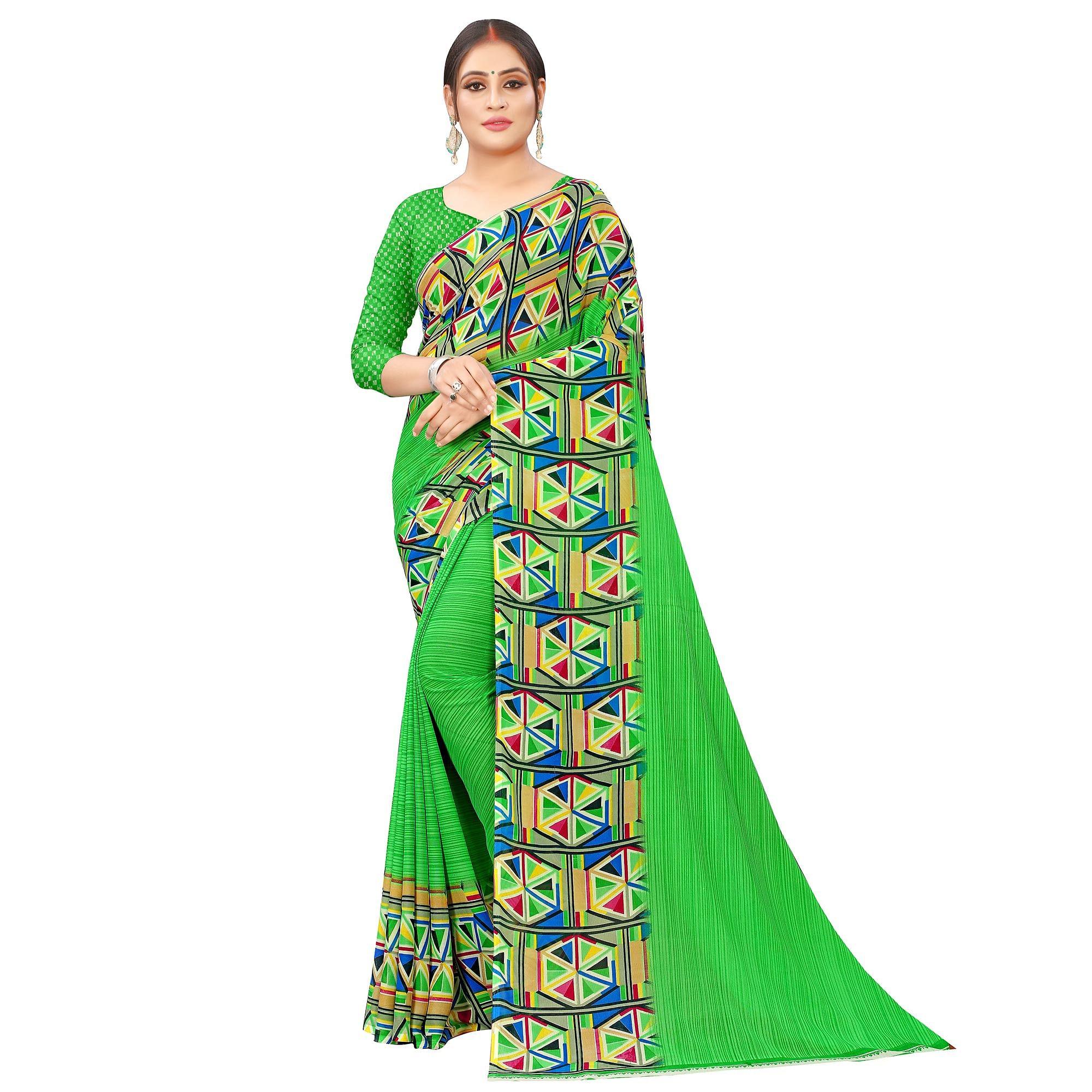 Green Casual Wear Geometric Printed Georgette Saree - Peachmode