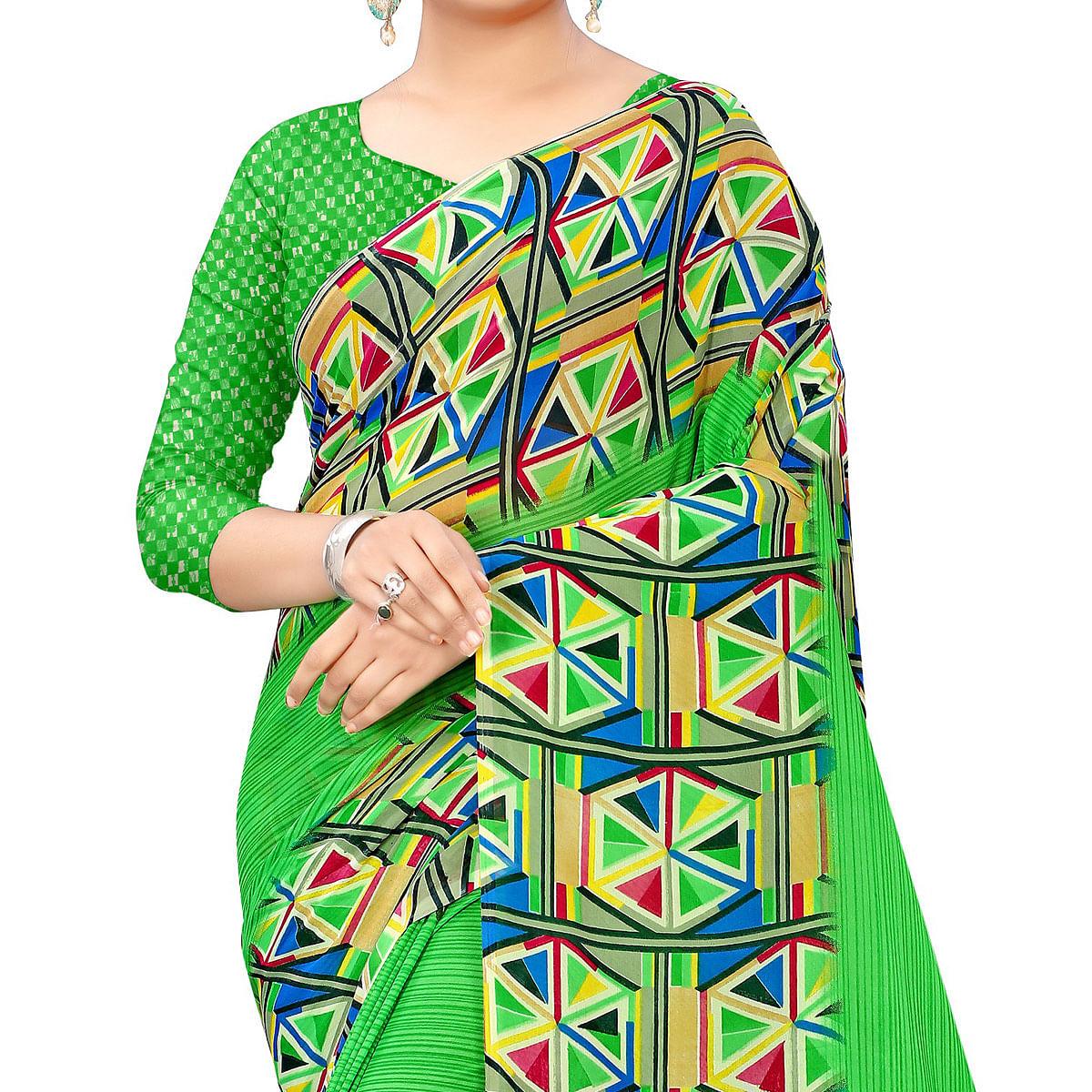 Green Casual Wear Geometric Printed Georgette Saree - Peachmode