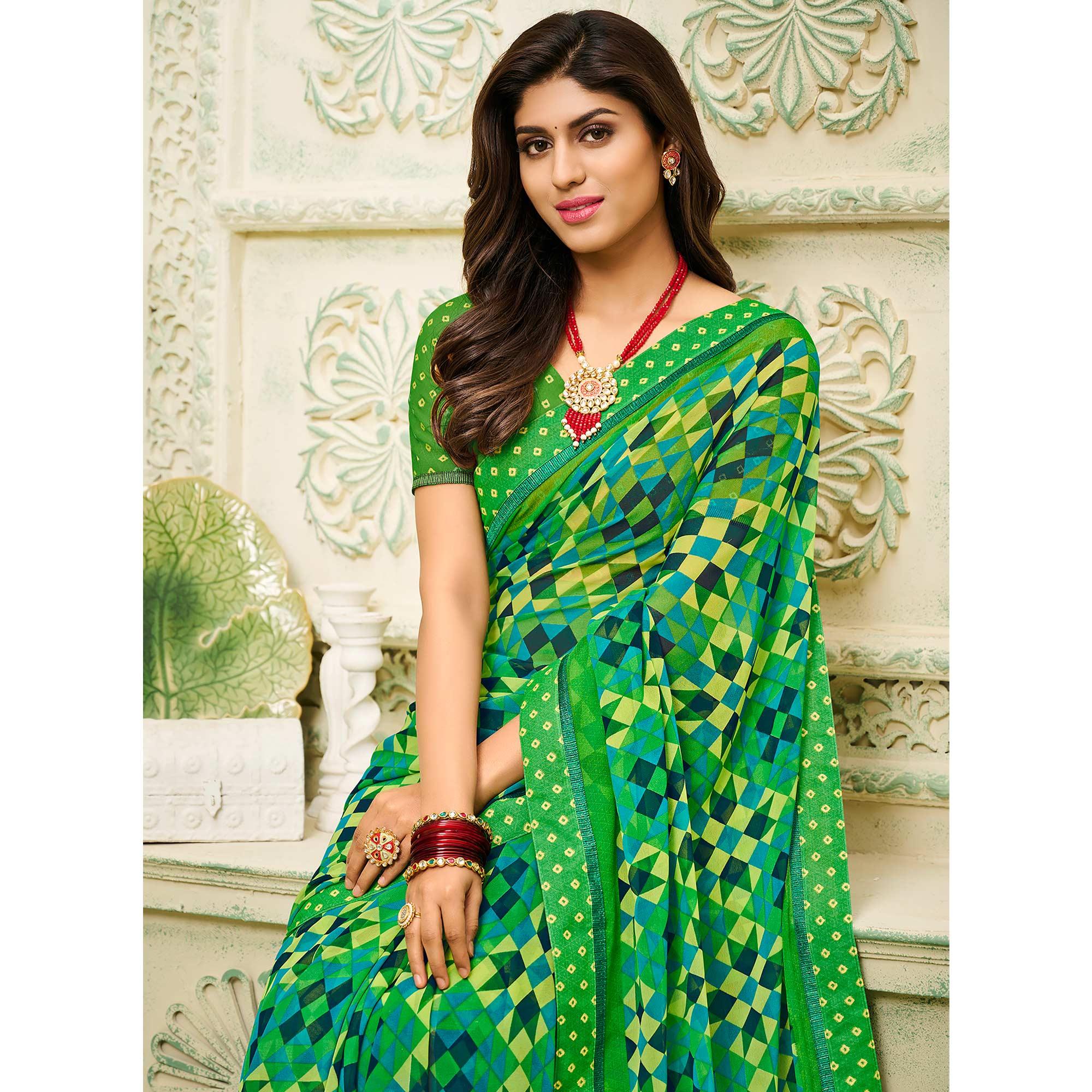 Green Casual Wear Geometric Printed Georgette Saree - Peachmode