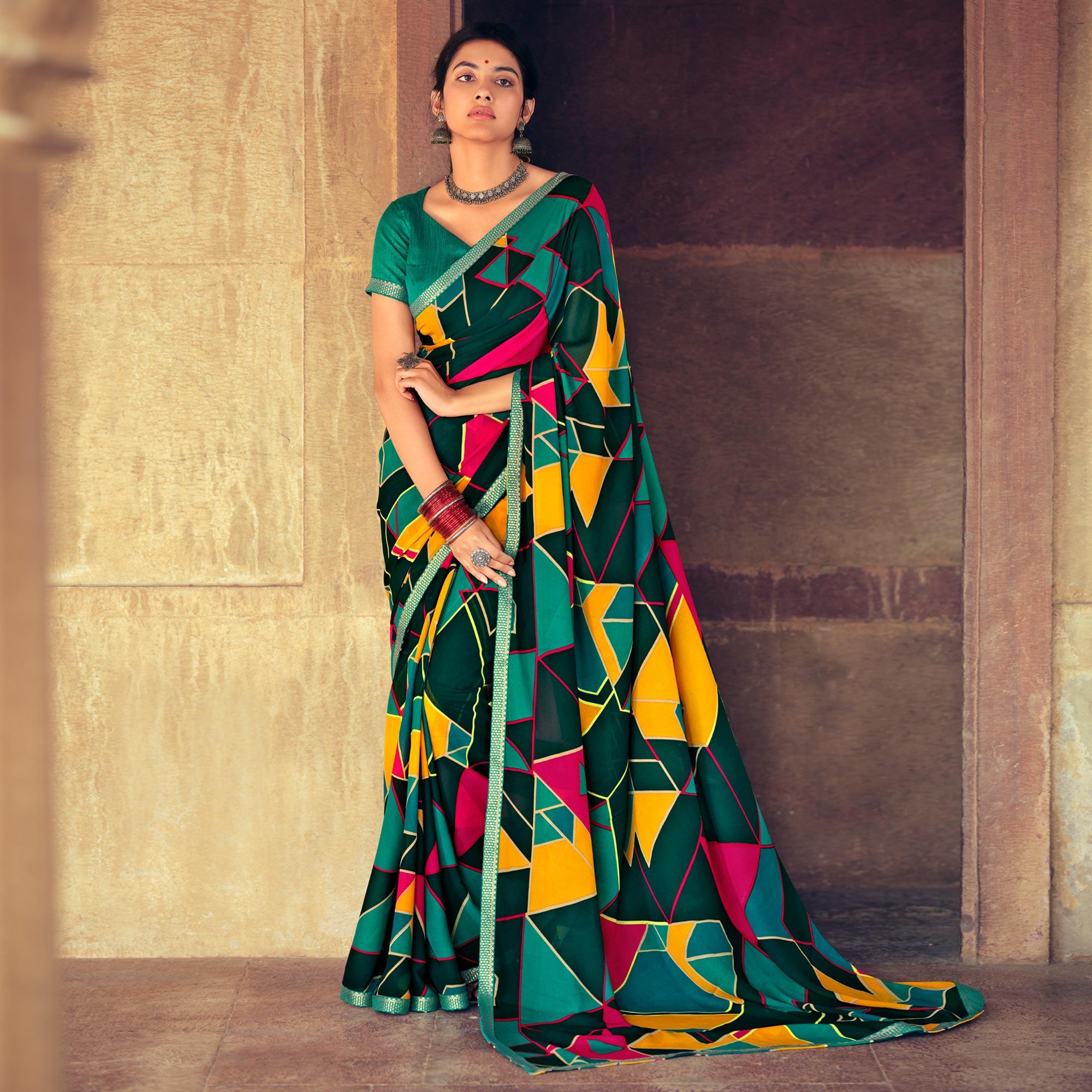 Green Casual Wear Geometric Printed Heavy Micro Saree - Peachmode