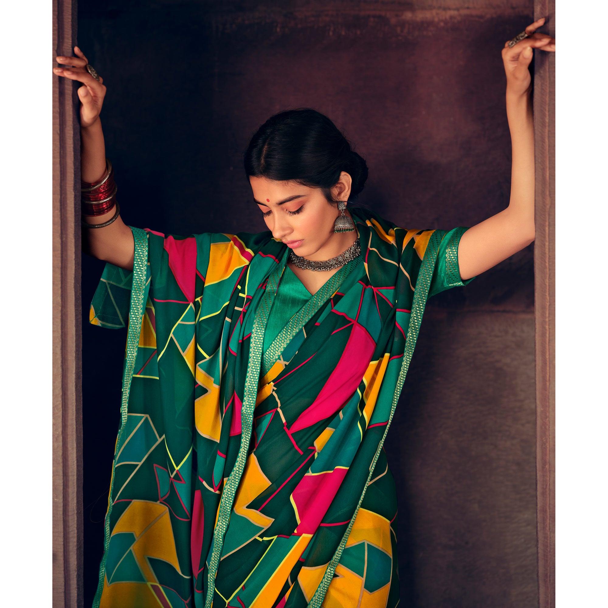 Green Casual Wear Geometric Printed Heavy Micro Saree - Peachmode