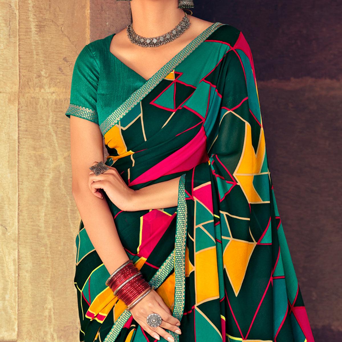 Green Casual Wear Geometric Printed Heavy Micro Saree - Peachmode