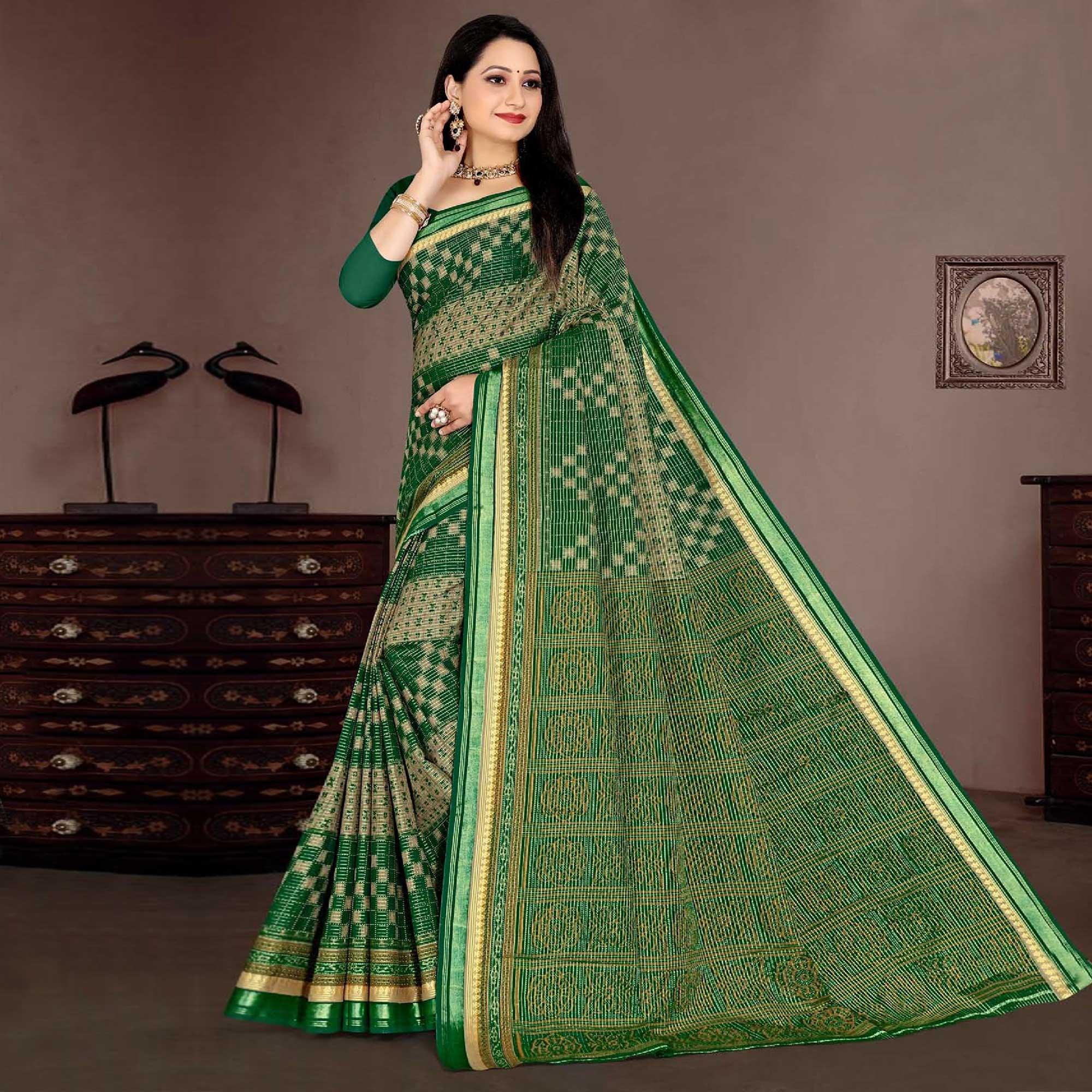 Green Casual Wear Ikkat Printed Cotton Silk Saree - Peachmode