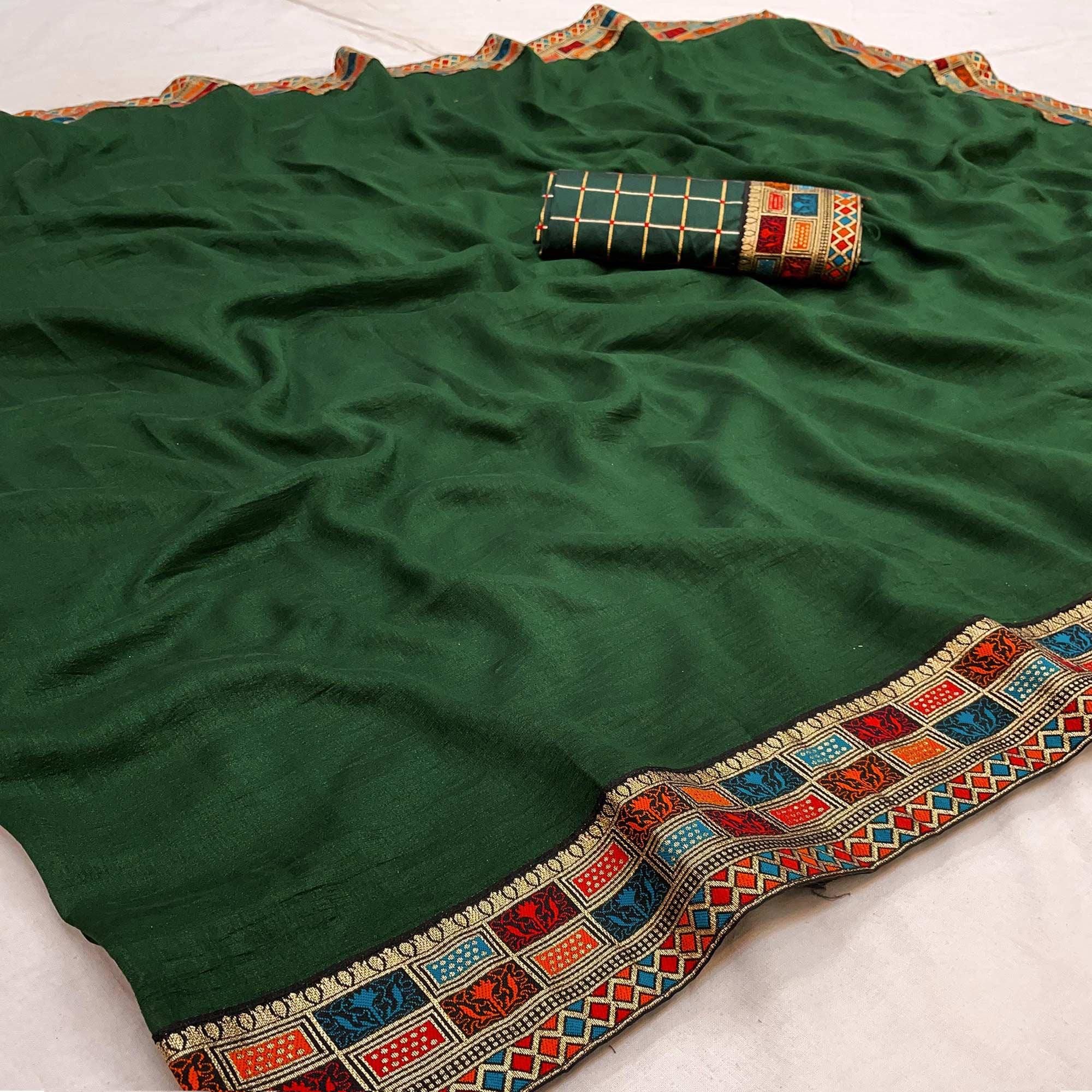 Green Casual Wear Jacquard Lace Border Silk Saree With Tassels - Peachmode