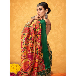 Green Casual Wear KalamKari Block Printed Cotton Satin Saree - Peachmode
