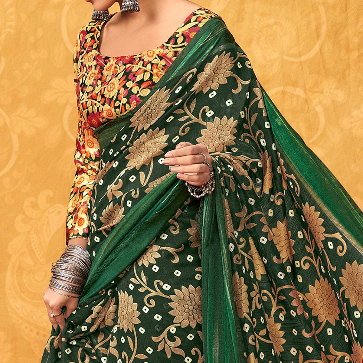 Green Casual Wear KalamKari Block Printed Cotton Satin Saree - Peachmode