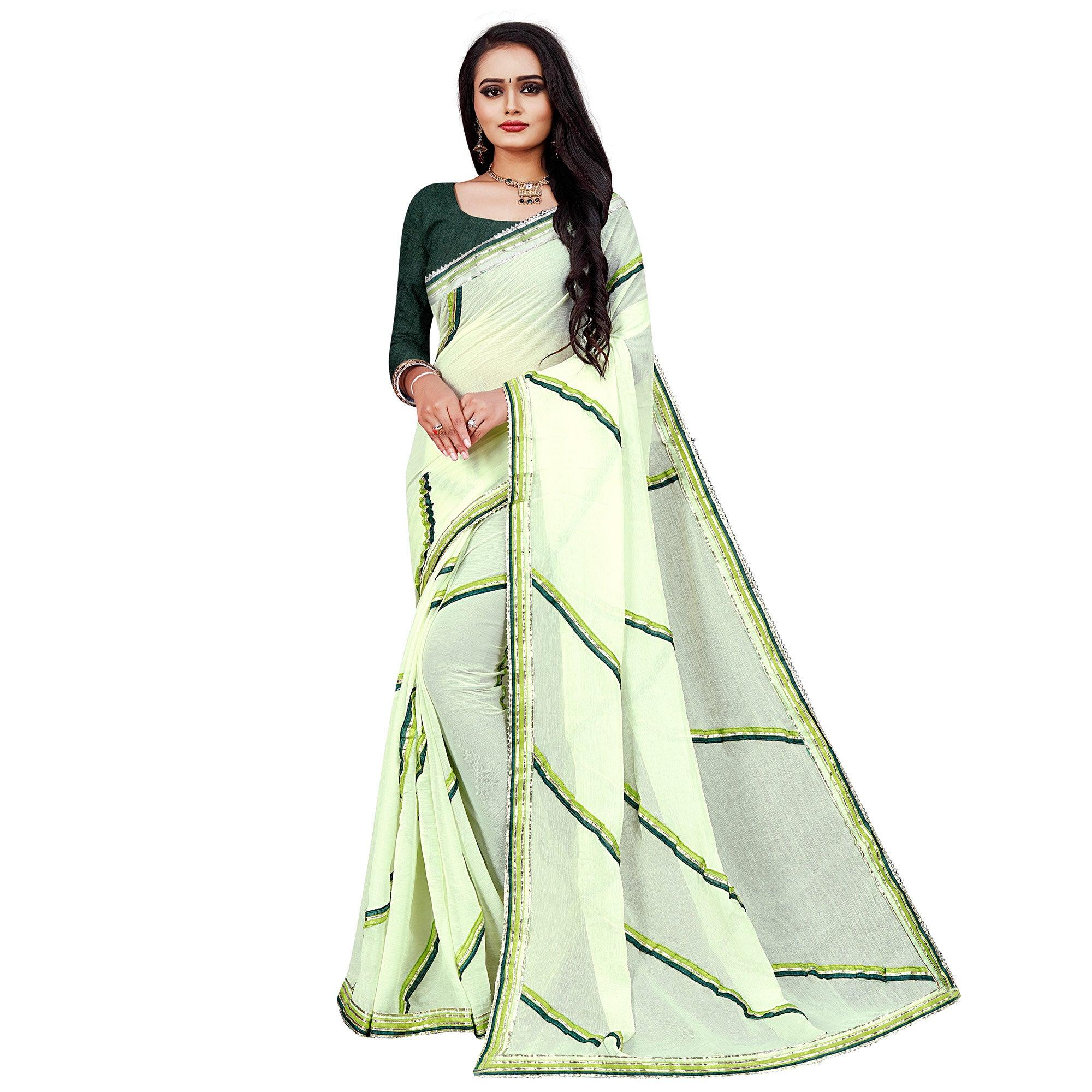 Green Casual Wear Lace Work Chiffon Saree - Peachmode
