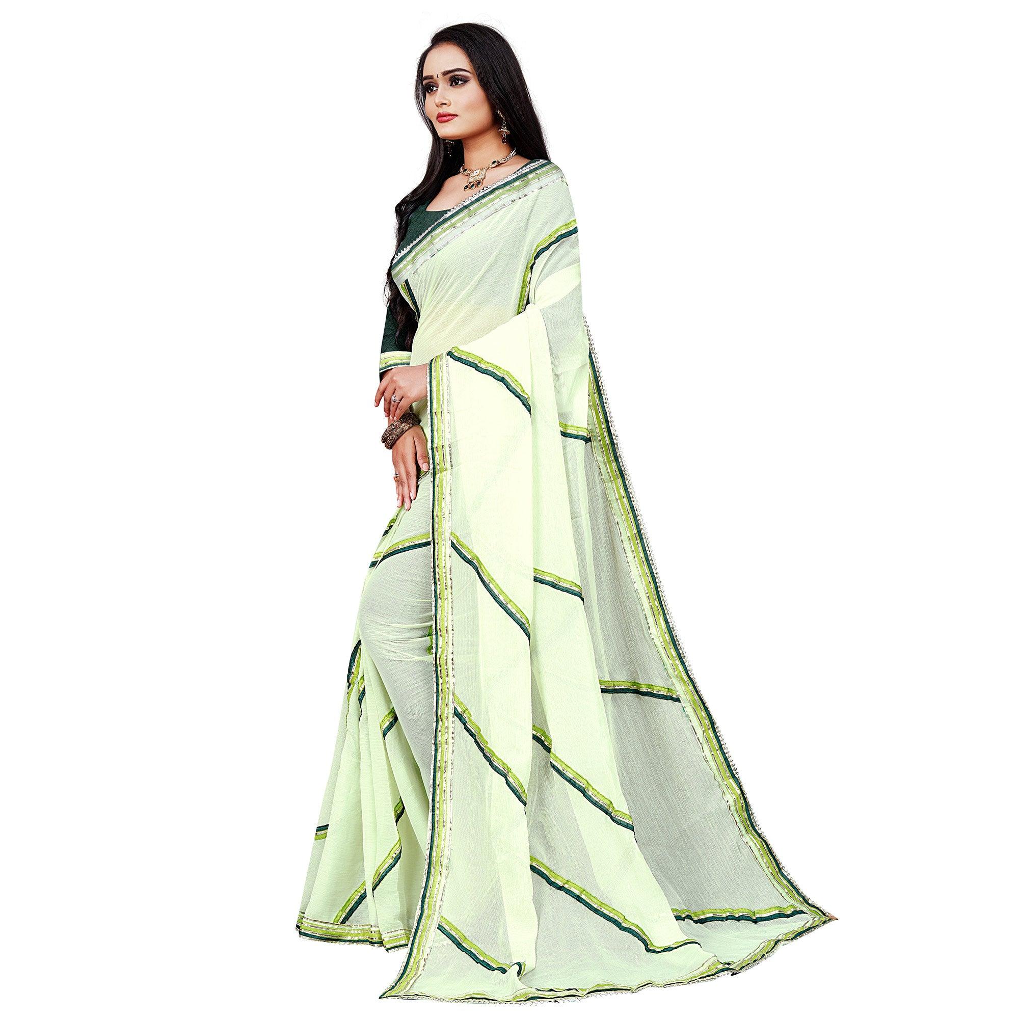Green Casual Wear Lace Work Chiffon Saree - Peachmode