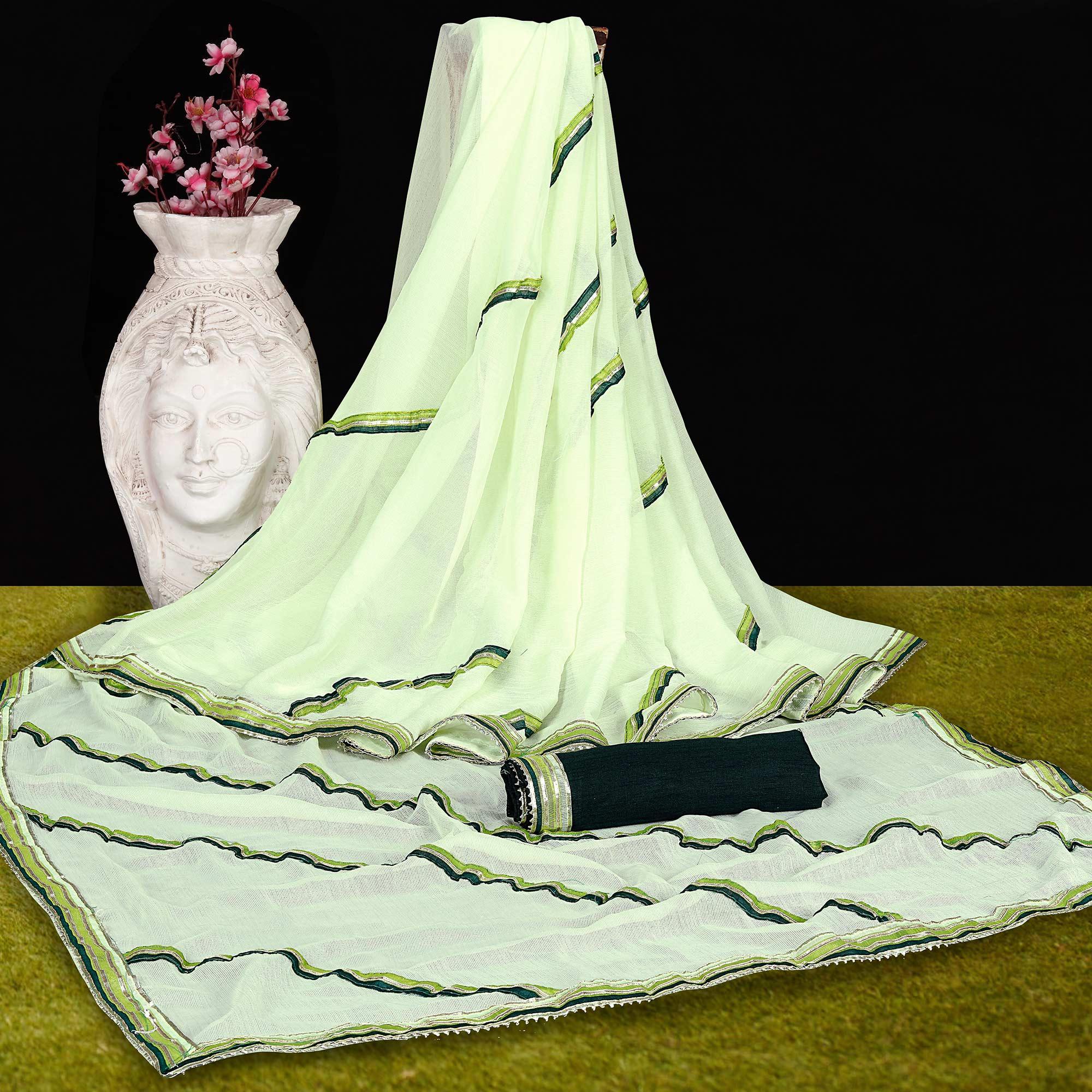 Green Casual Wear Lace Work Chiffon Saree - Peachmode