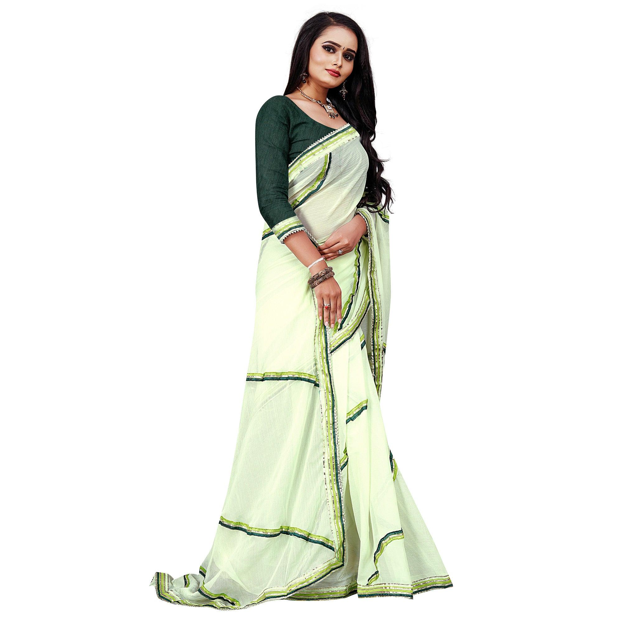 Green Casual Wear Lace Work Chiffon Saree - Peachmode