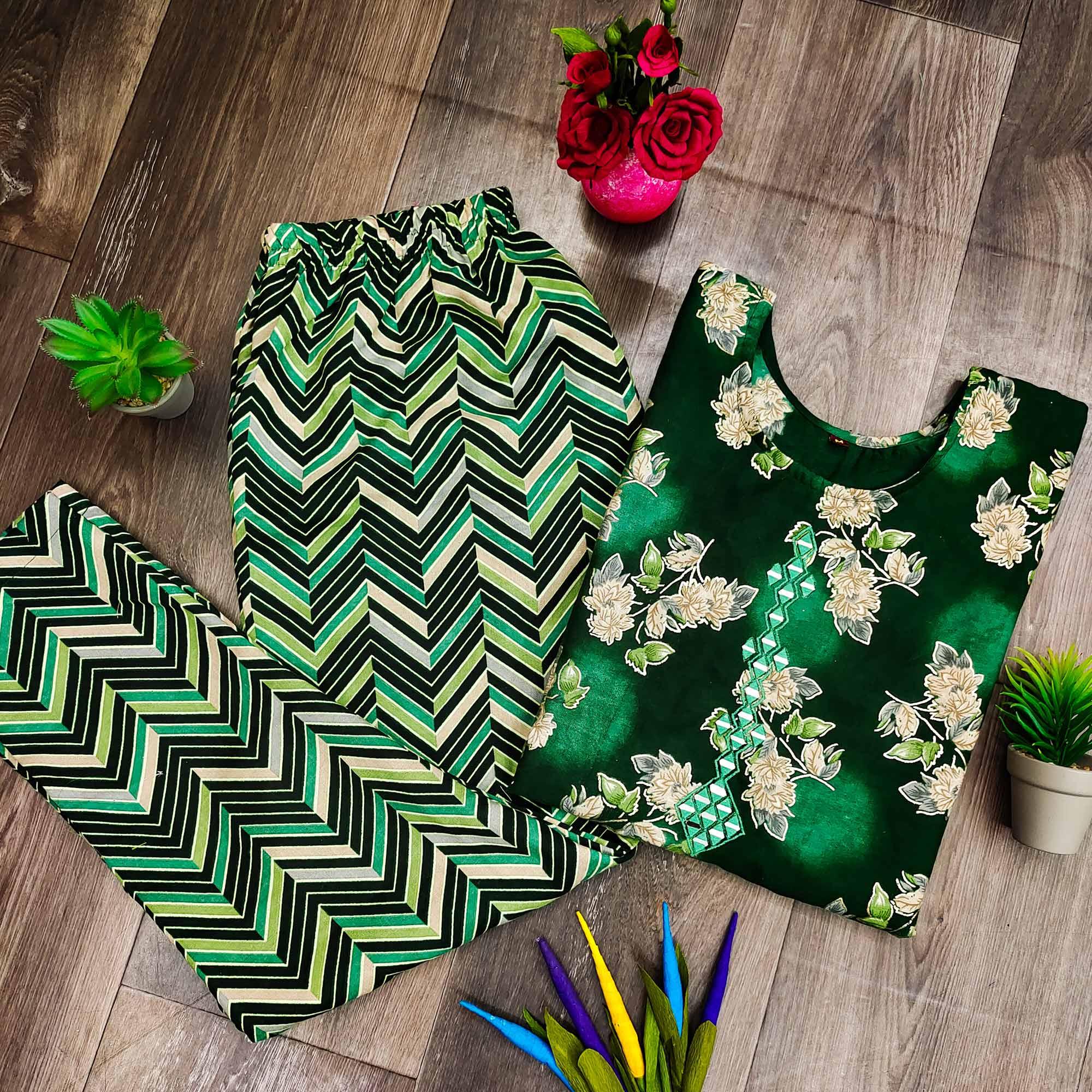 Green Casual Wear Mirror Printed Ruby Cotton Kurti Pant Set - Peachmode