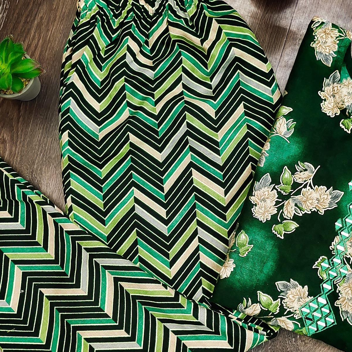 Green Casual Wear Mirror Printed Ruby Cotton Kurti Pant Set - Peachmode