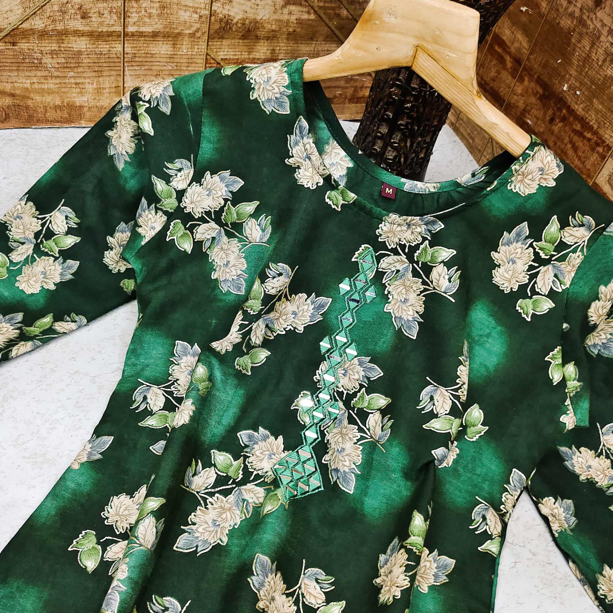 Green Casual Wear Mirror Printed Ruby Cotton Kurti Pant Set - Peachmode