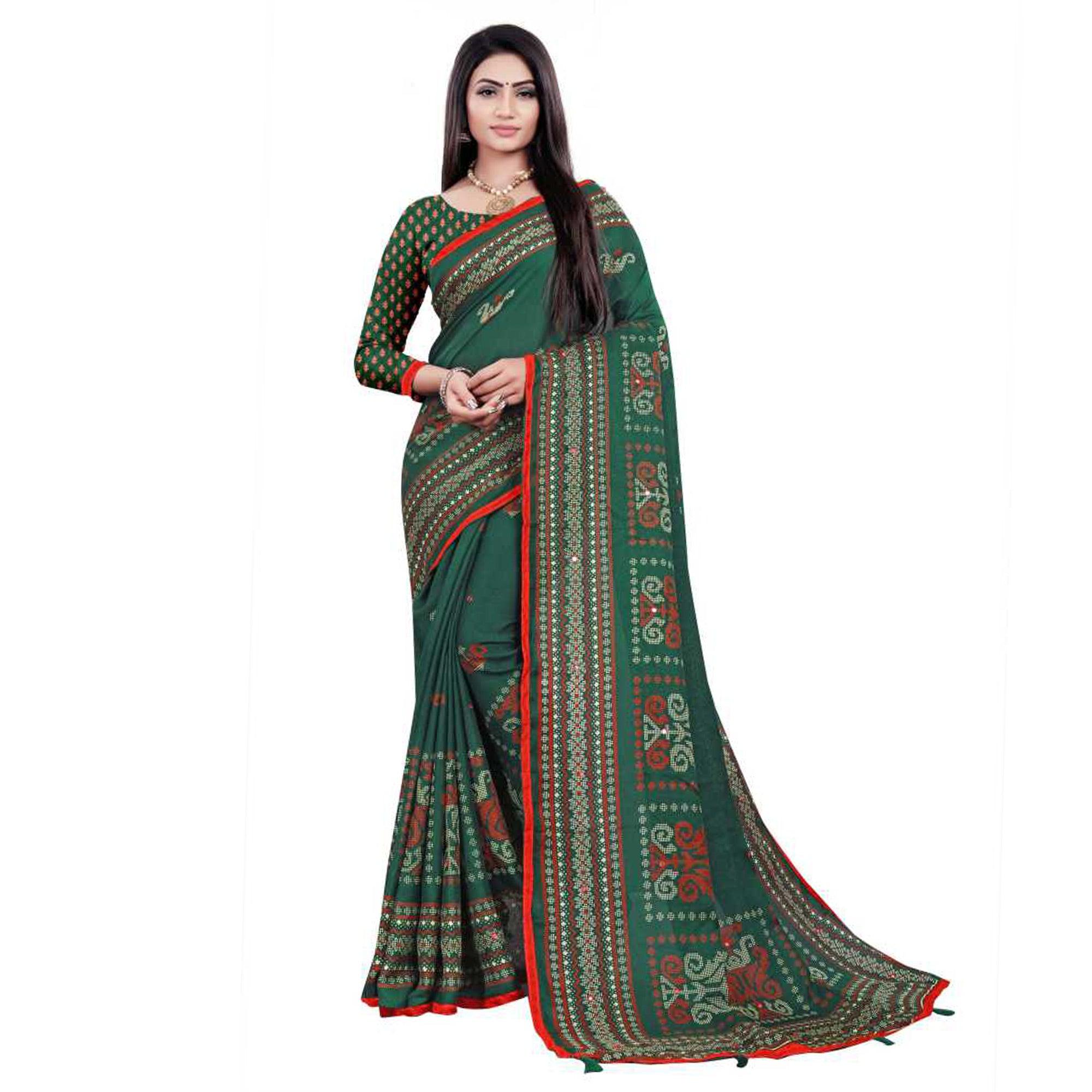 Green Casual Wear Print With Mirror Work Jute Saree - Peachmode