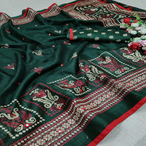 Green Casual Wear Print With Mirror Work Jute Saree - Peachmode