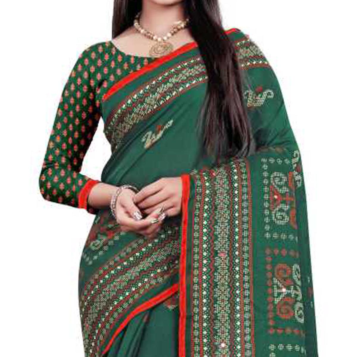 Green Casual Wear Print With Mirror Work Jute Saree - Peachmode
