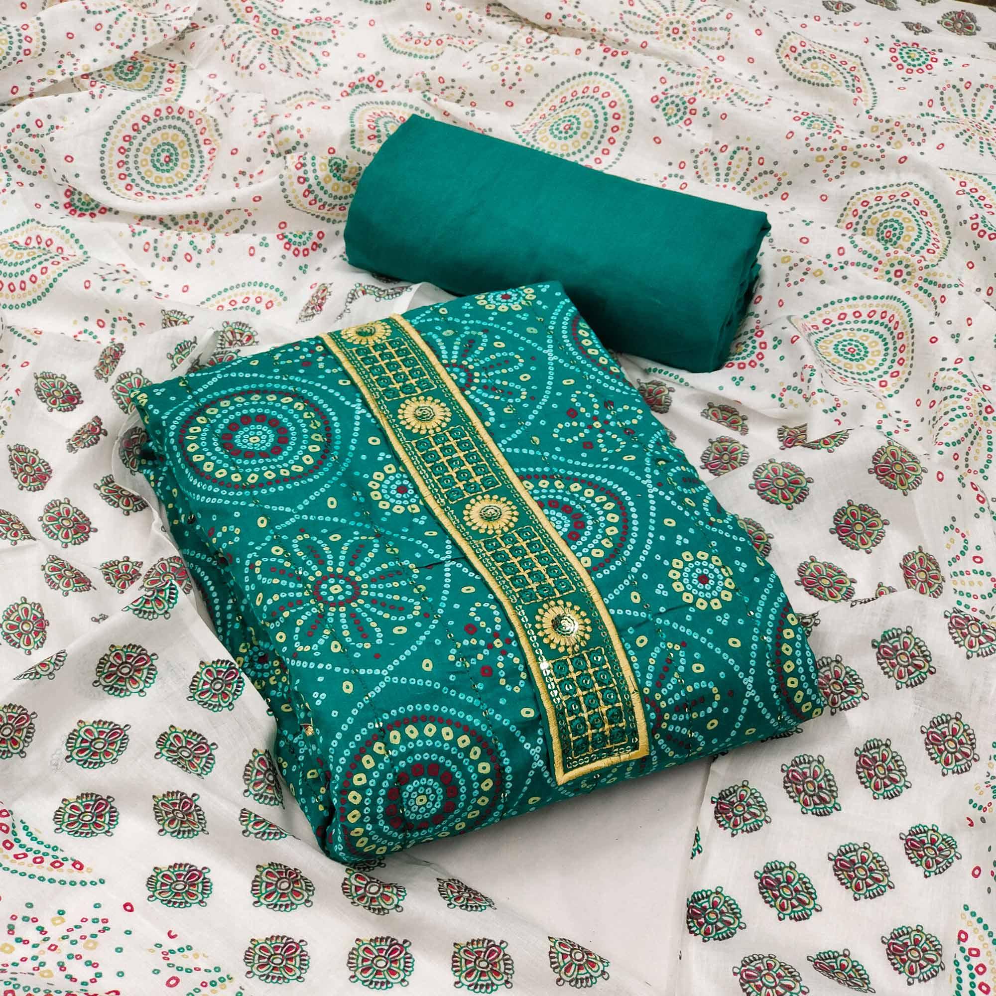 Green Casual Wear Print With Sequence Embroidered Cotton Dress Material - Peachmode