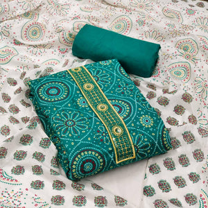 Green Casual Wear Print With Sequence Embroidered Cotton Dress Material - Peachmode
