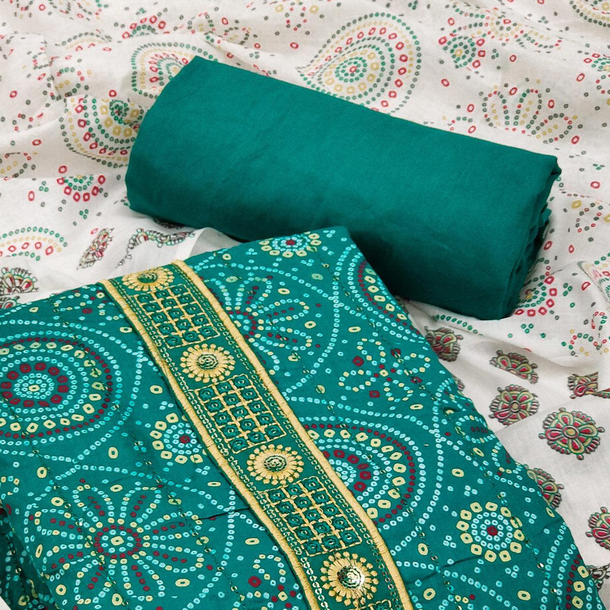 Green Casual Wear Print With Sequence Embroidered Cotton Dress Material - Peachmode