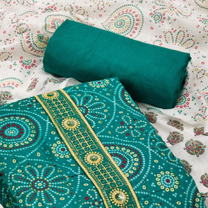 Green Casual Wear Print With Sequence Embroidered Cotton Dress Material - Peachmode