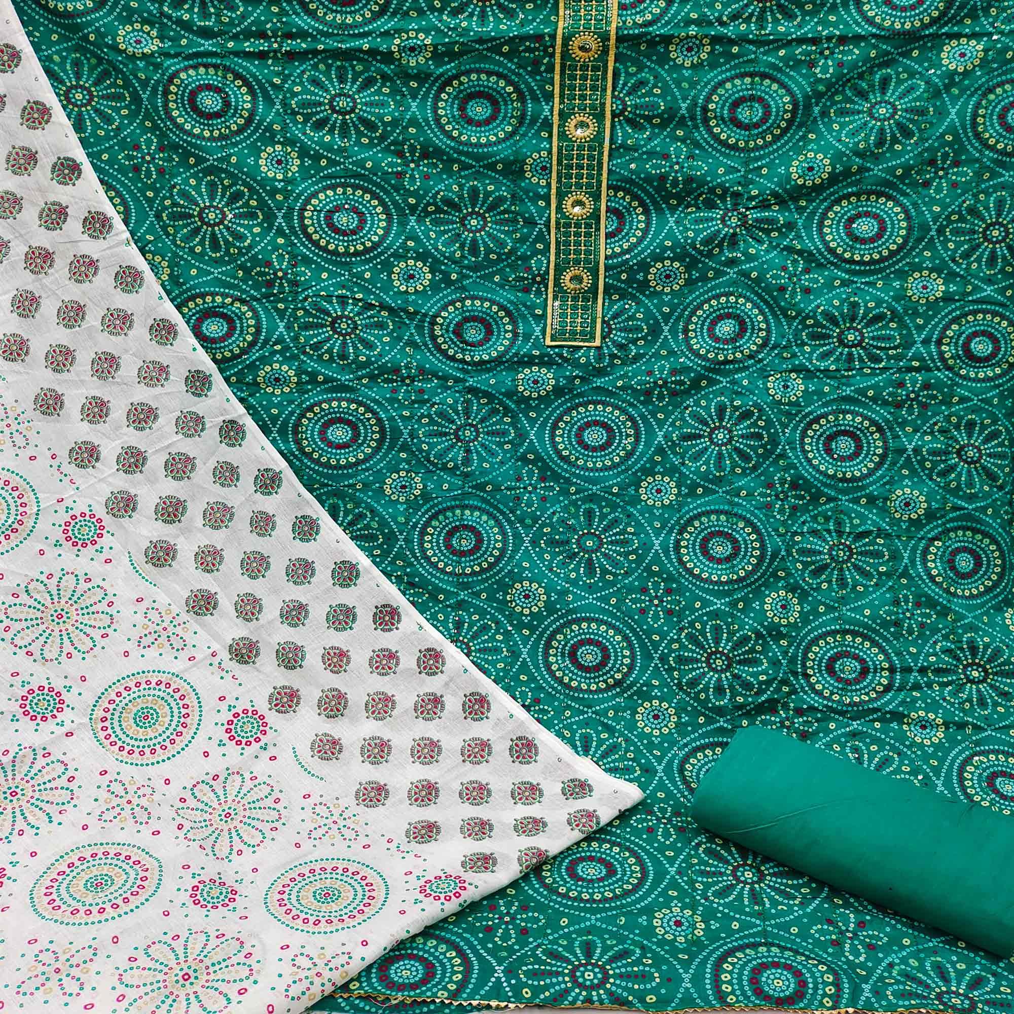 Green Casual Wear Print With Sequence Embroidered Cotton Dress Material - Peachmode