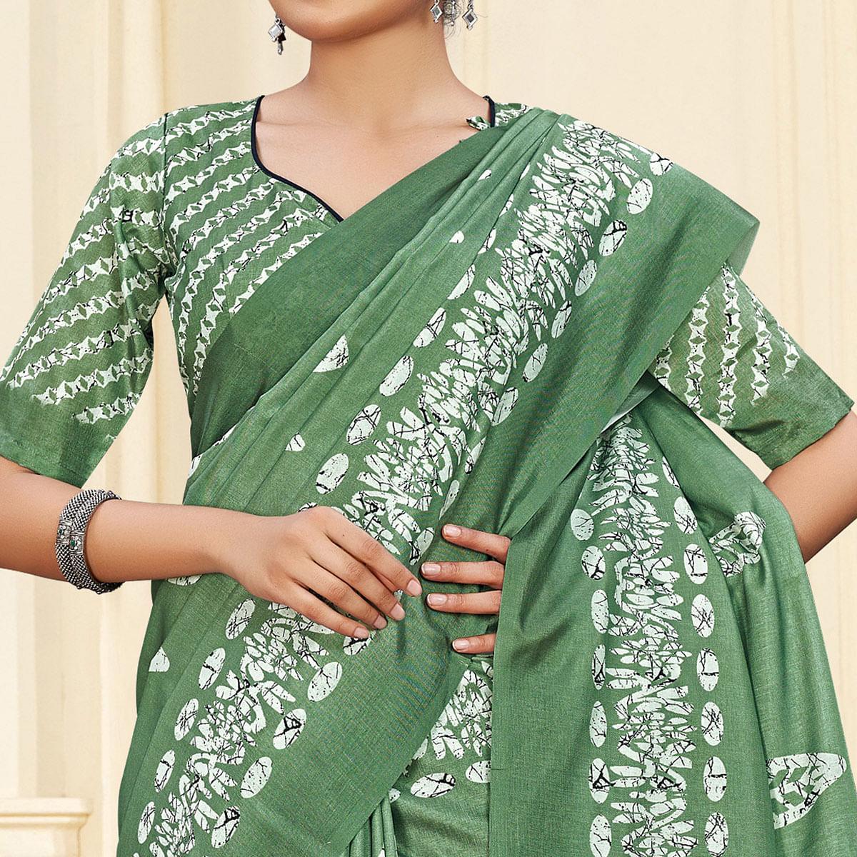 Green Casual Wear Printed Art Silk Saree - Peachmode
