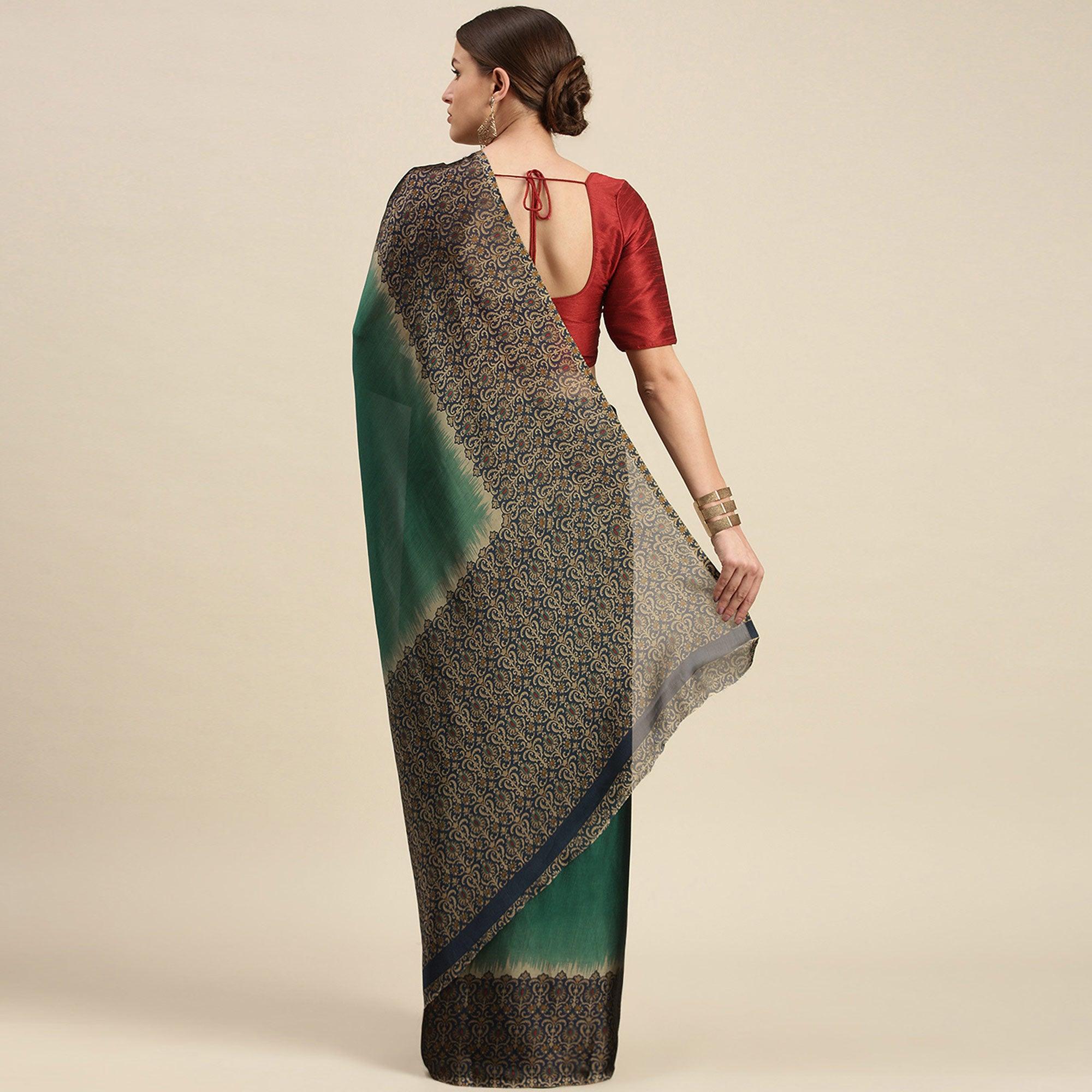 Green Casual Wear Printed Art Silk Saree - Peachmode