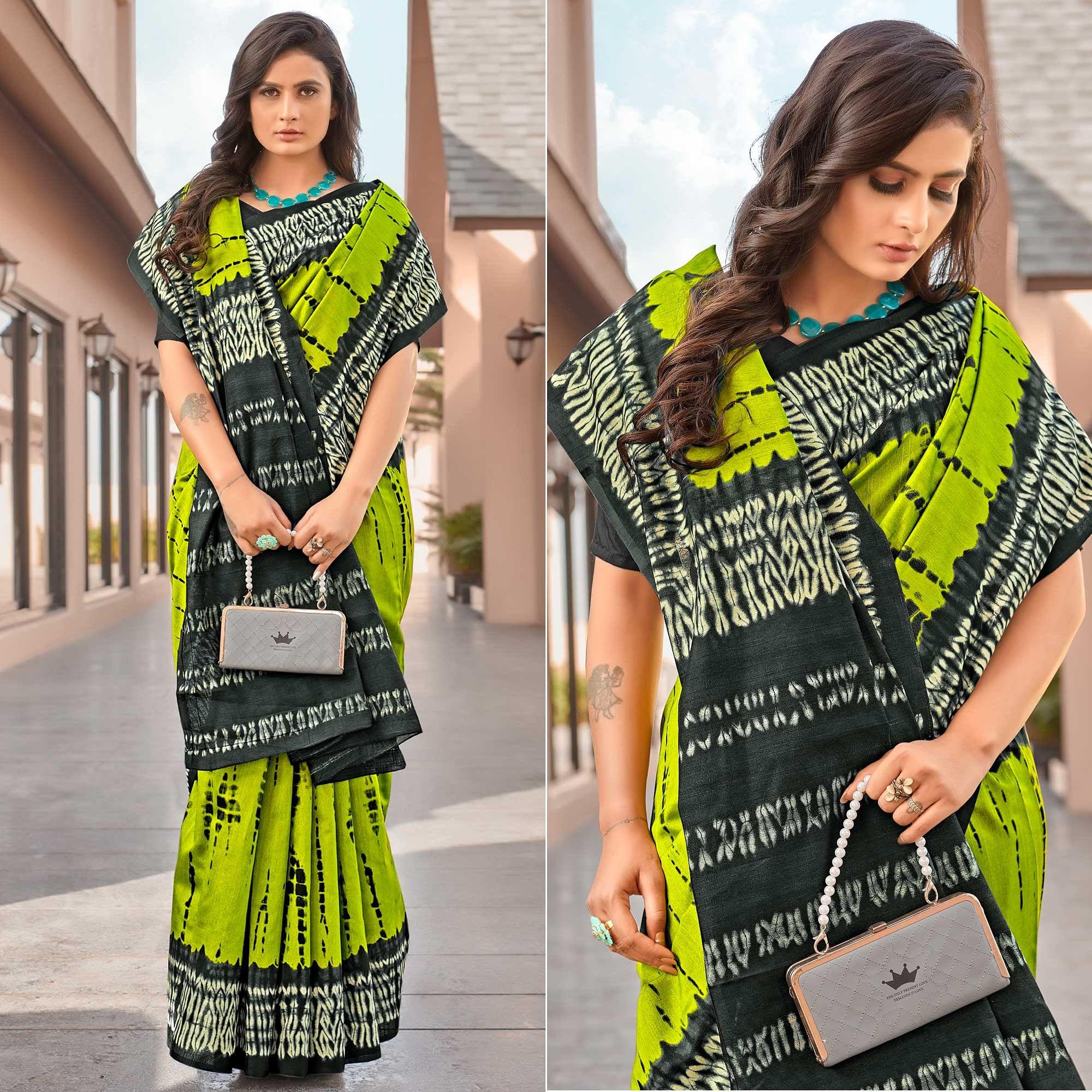Green Casual Wear Printed Bhagalpuri Sarees - Peachmode
