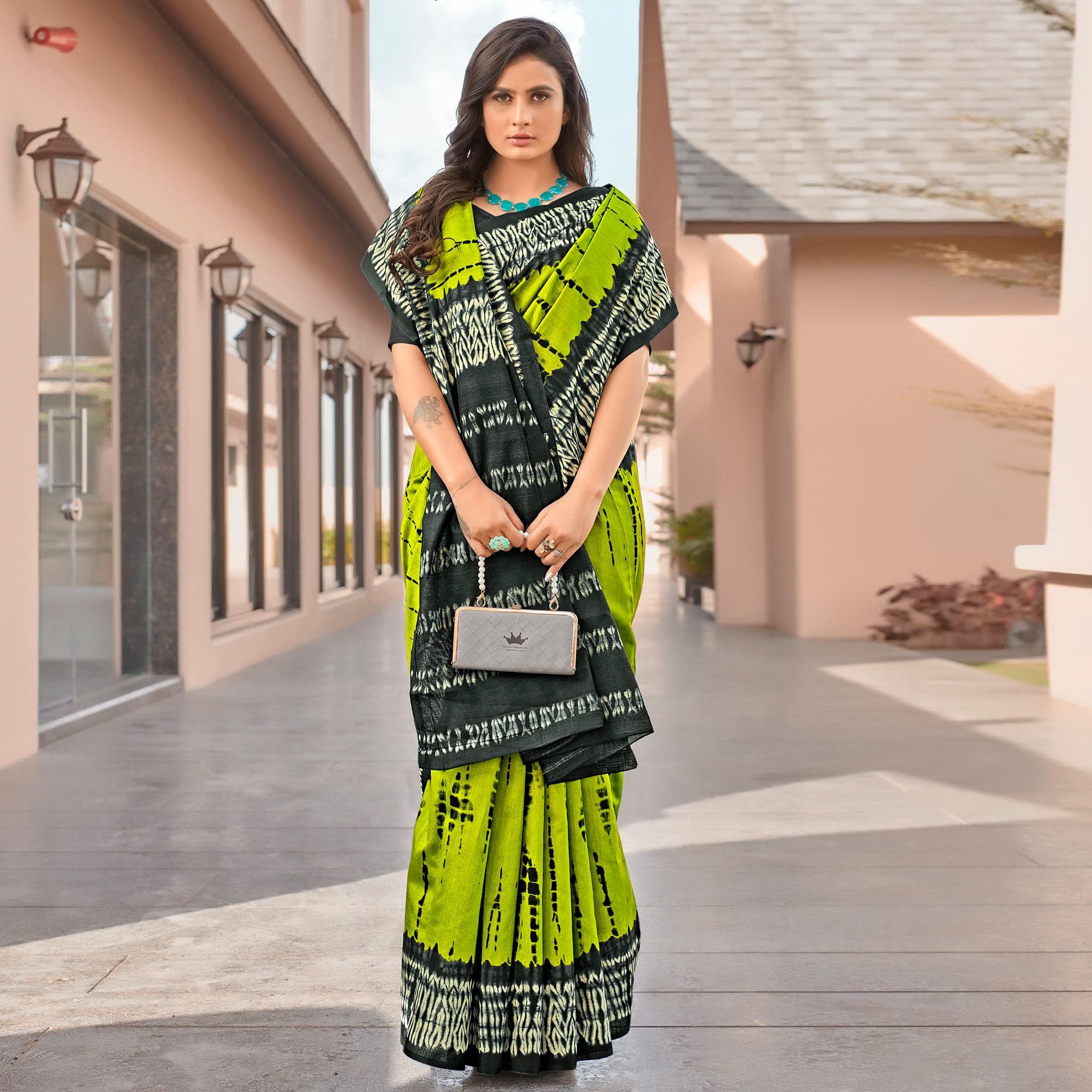 Green Casual Wear Printed Bhagalpuri Sarees - Peachmode