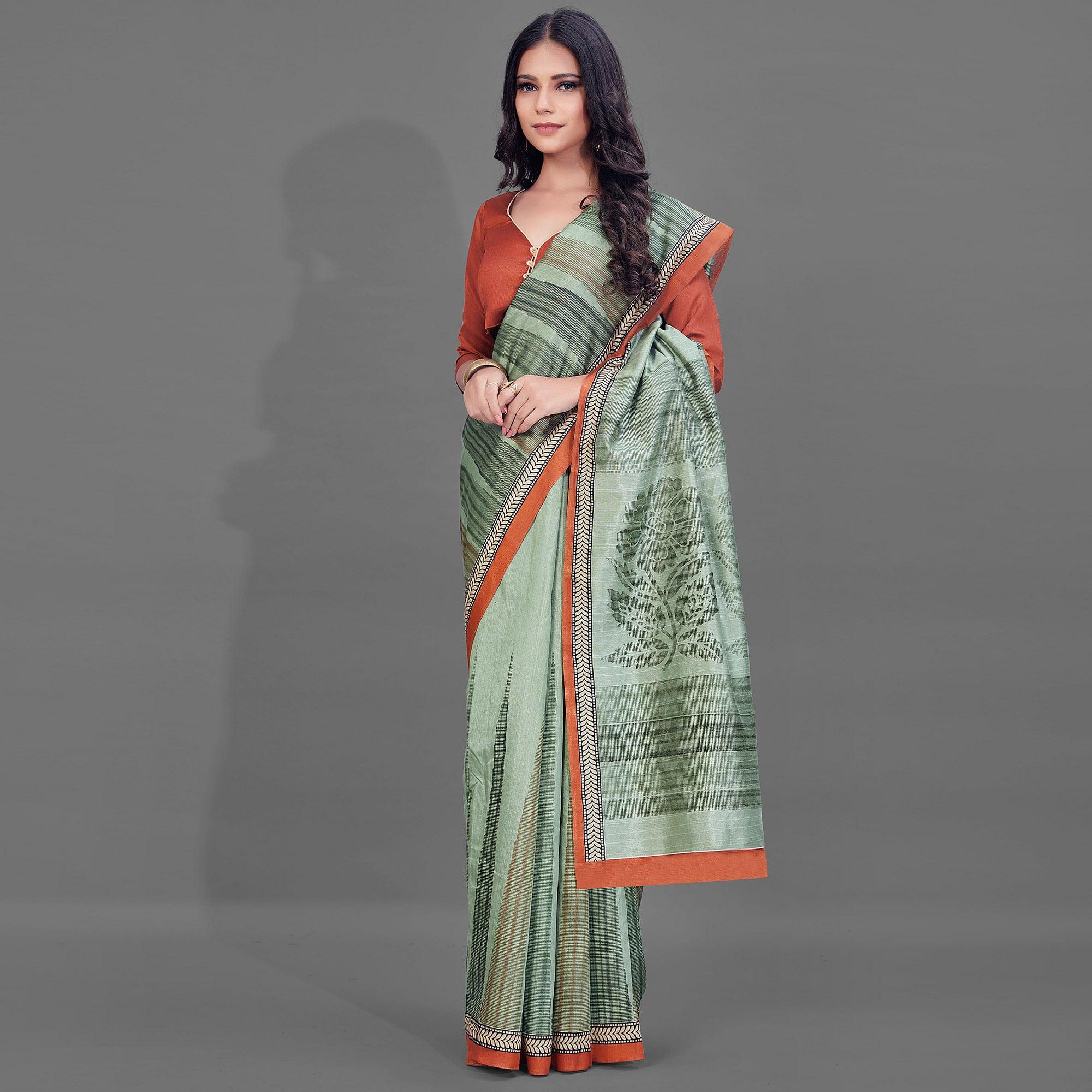 Green Casual Wear Printed Bhagalpuri Silk Saree - Peachmode