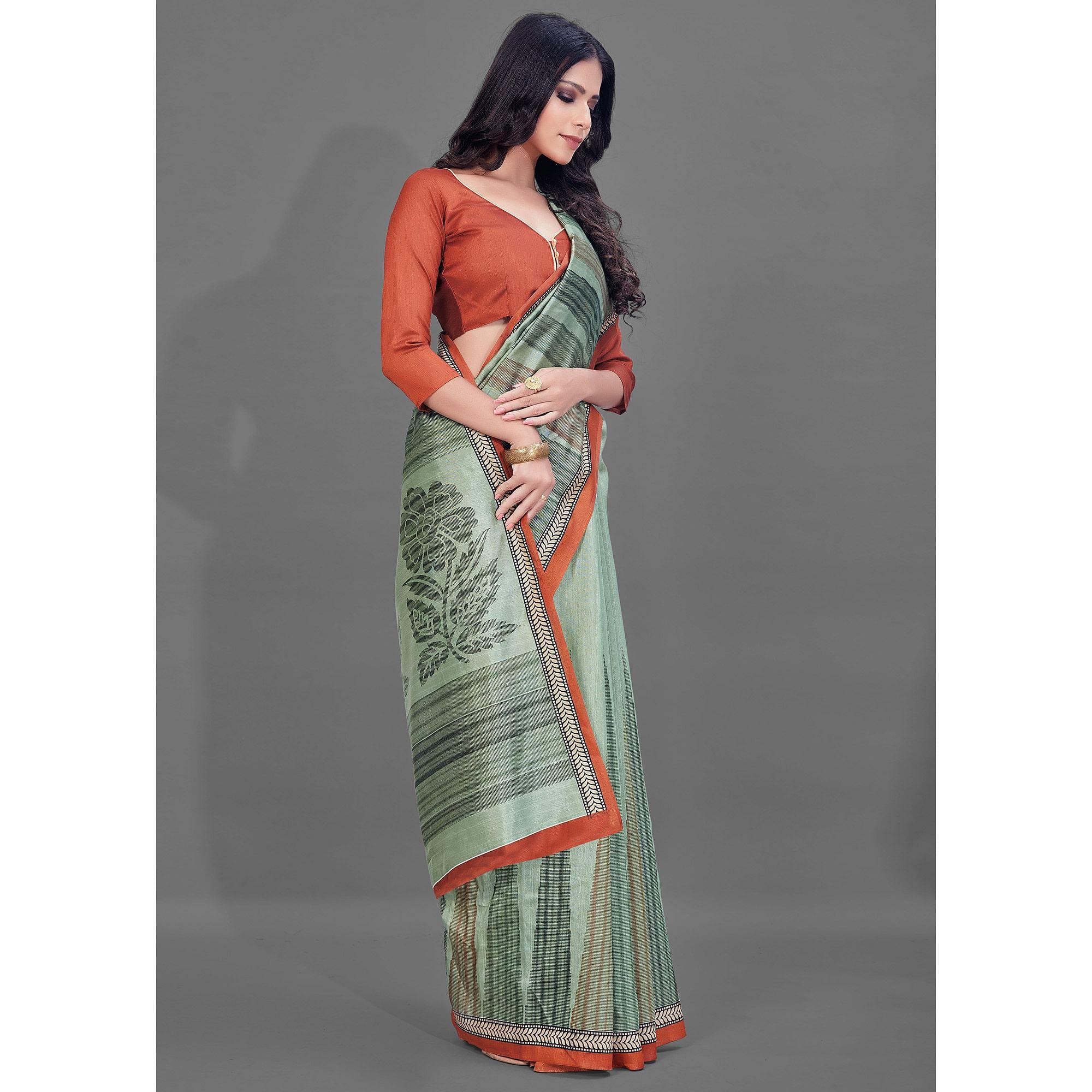 Green Casual Wear Printed Bhagalpuri Silk Saree - Peachmode