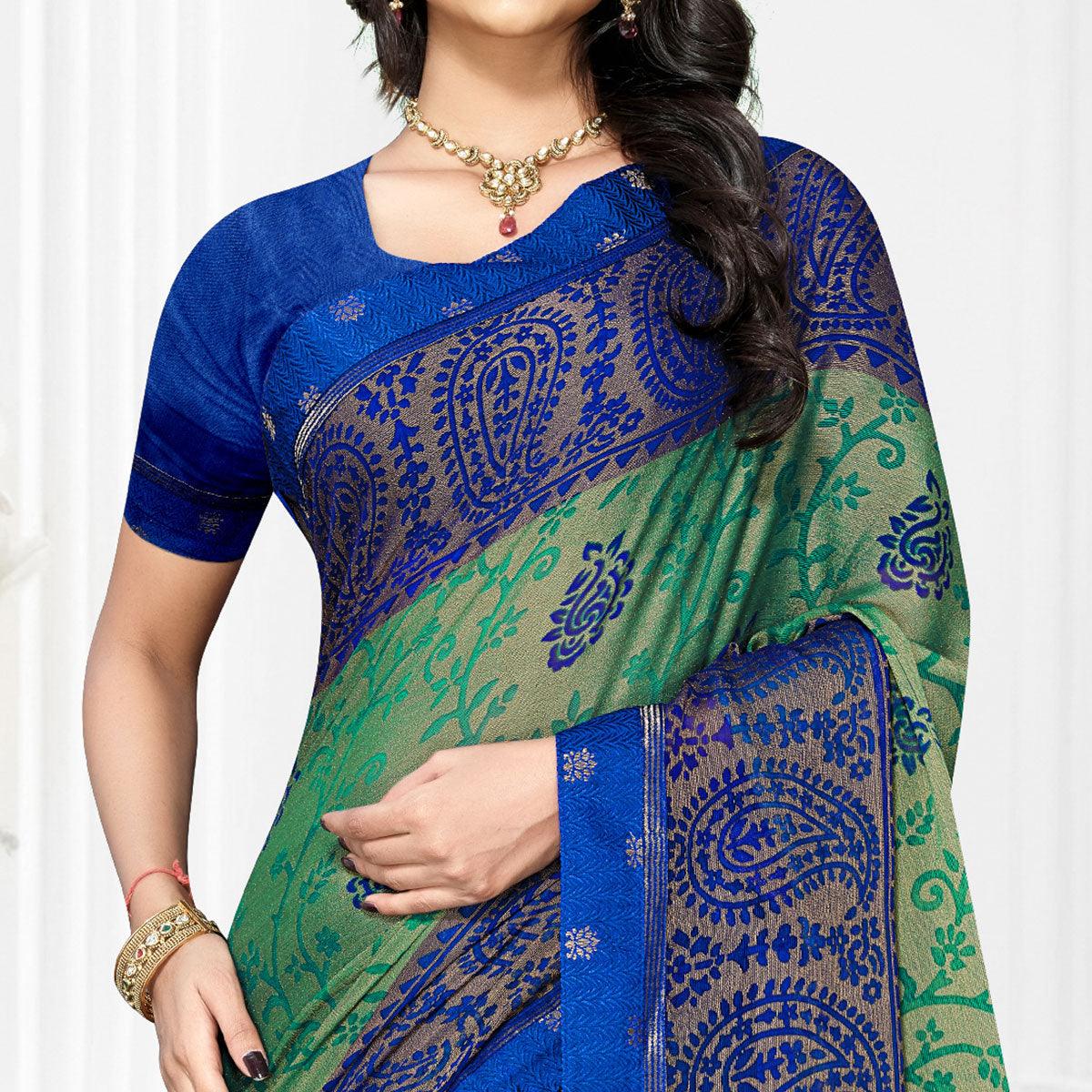 Green Casual Wear Printed Brasso Chiffon Saree - Peachmode