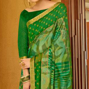 Green Casual Wear Printed Brasso Saree - Peachmode