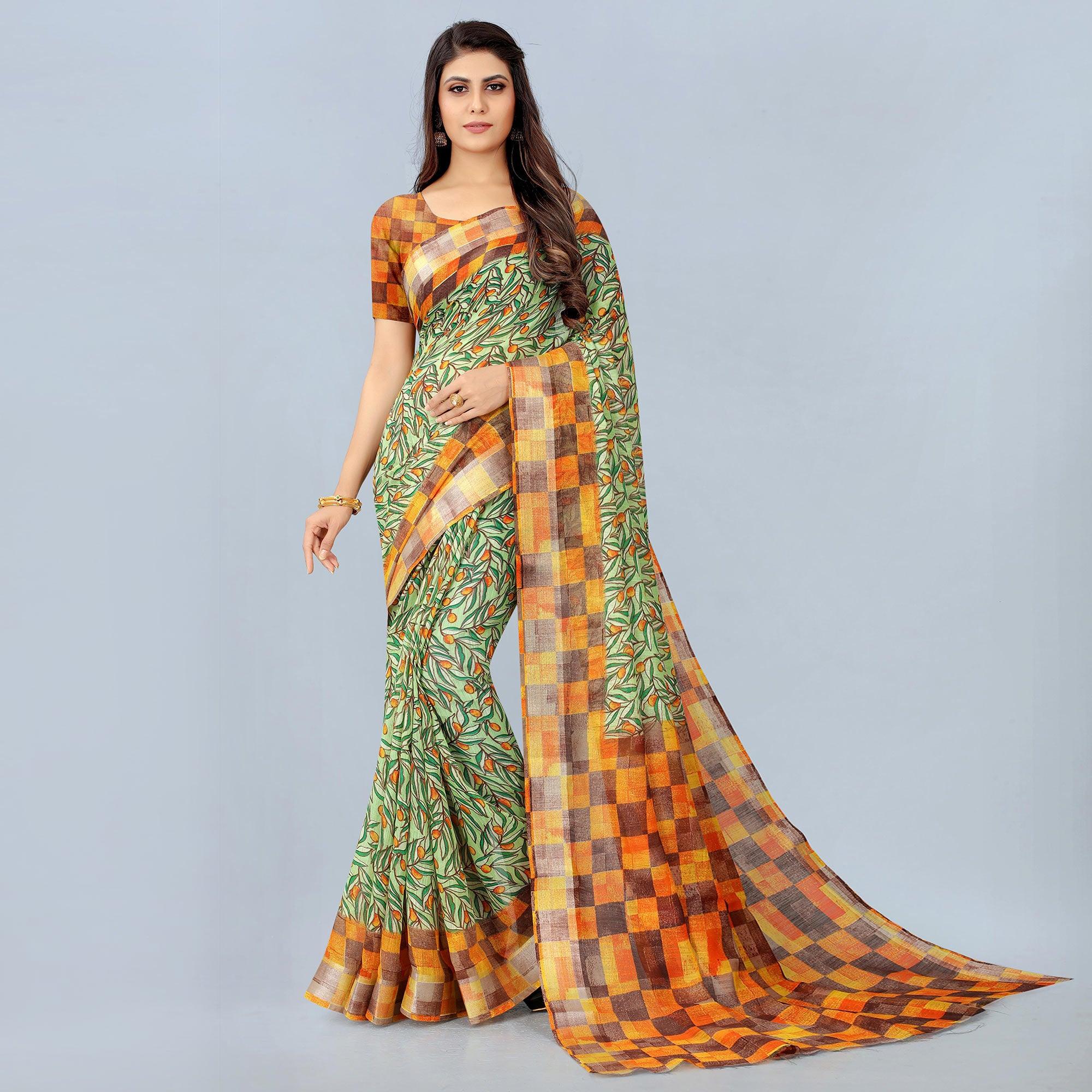 Green Casual  Wear Printed Chanderi Silk Saree - Peachmode