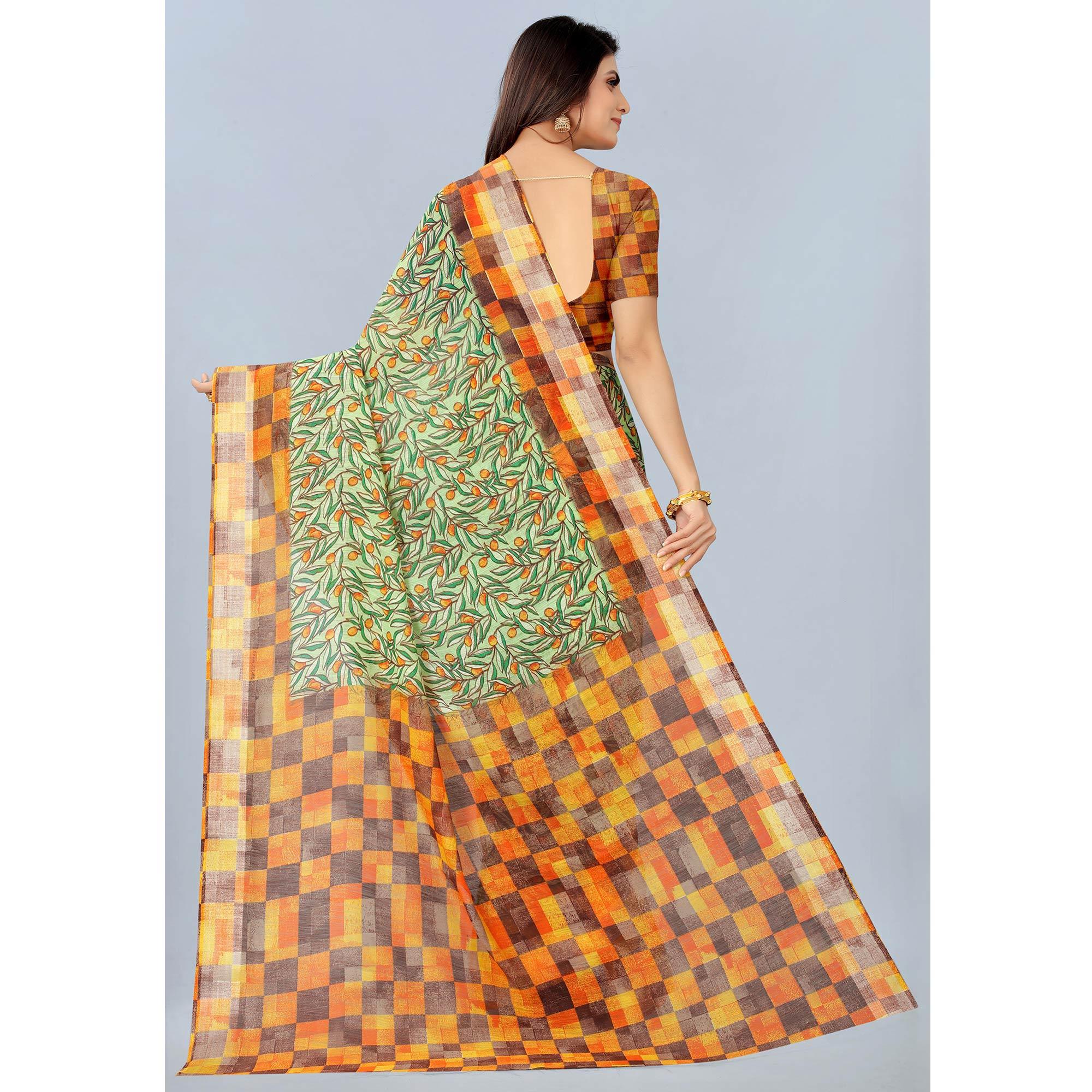 Green Casual  Wear Printed Chanderi Silk Saree - Peachmode