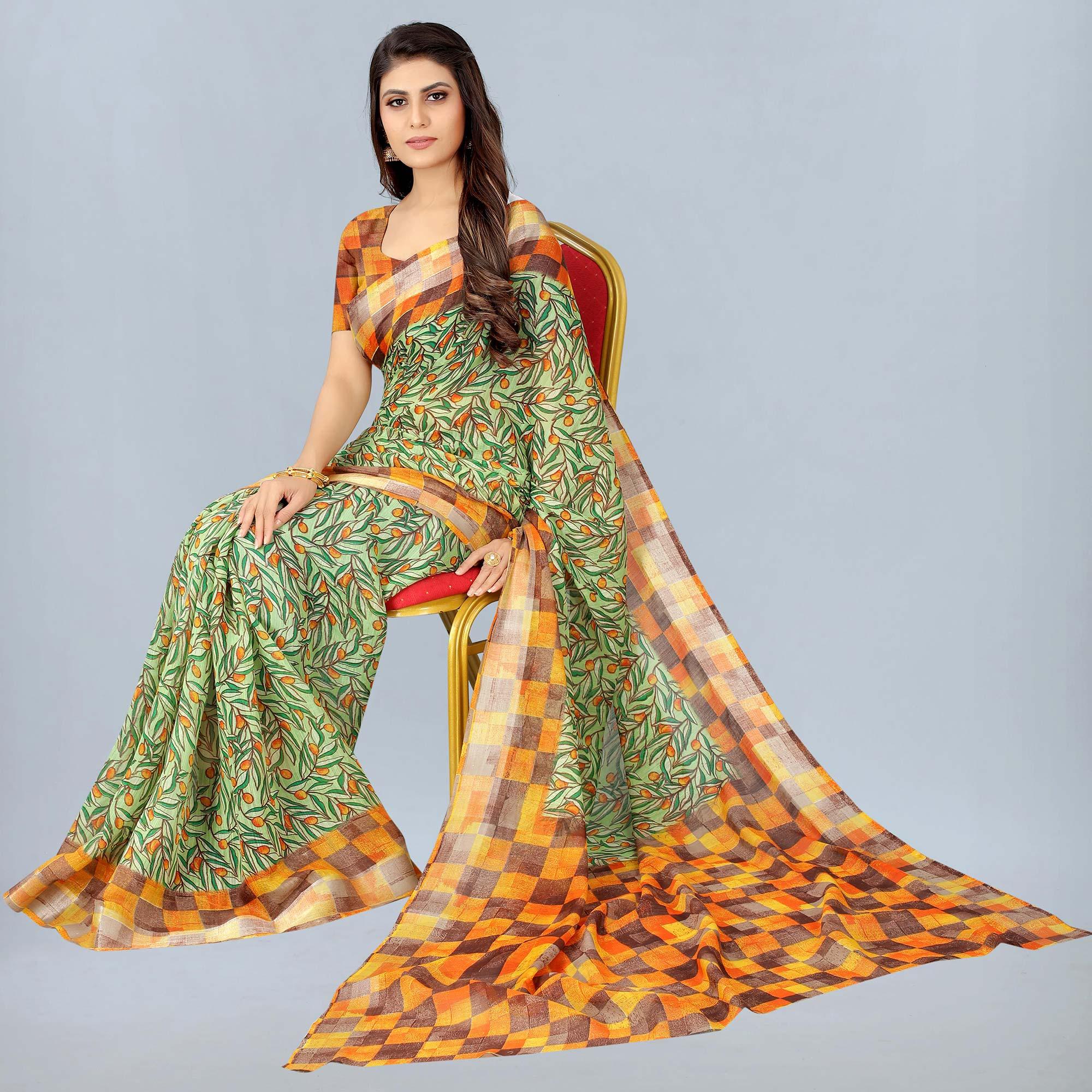 Green Casual  Wear Printed Chanderi Silk Saree - Peachmode