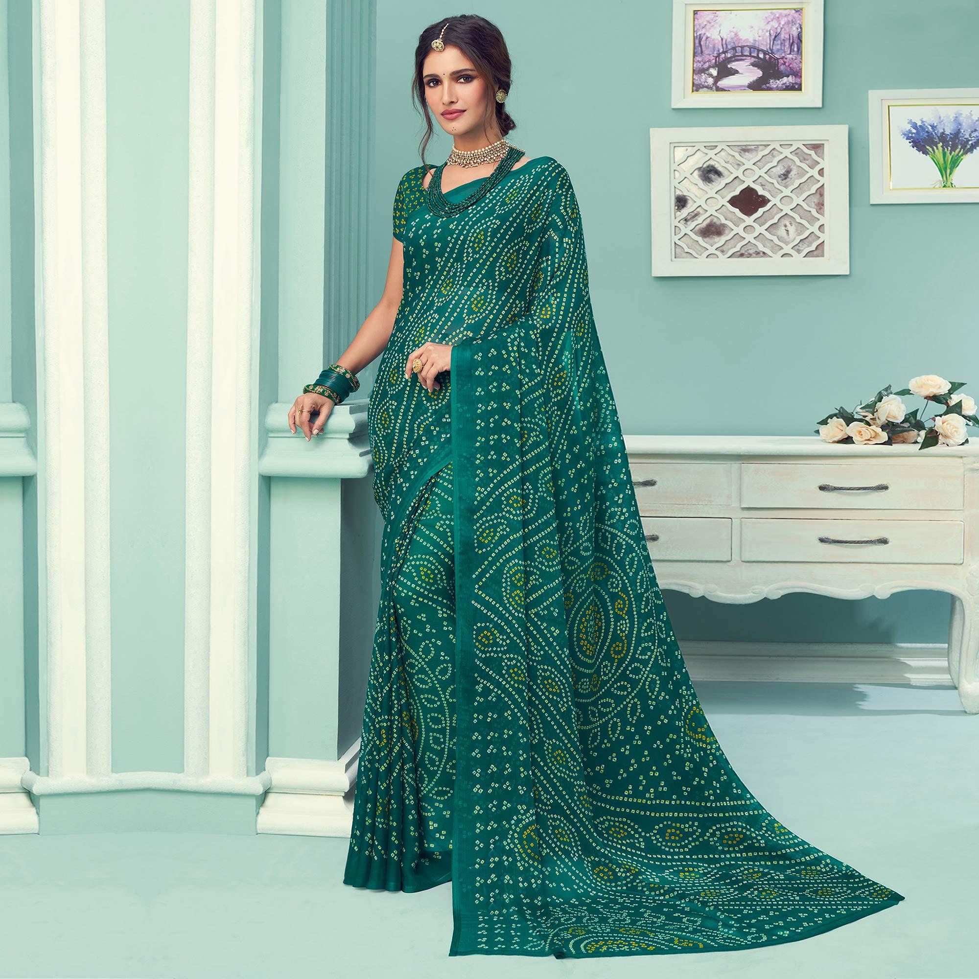 Green Casual Wear Printed Chiffon Bandhani Saree - Peachmode