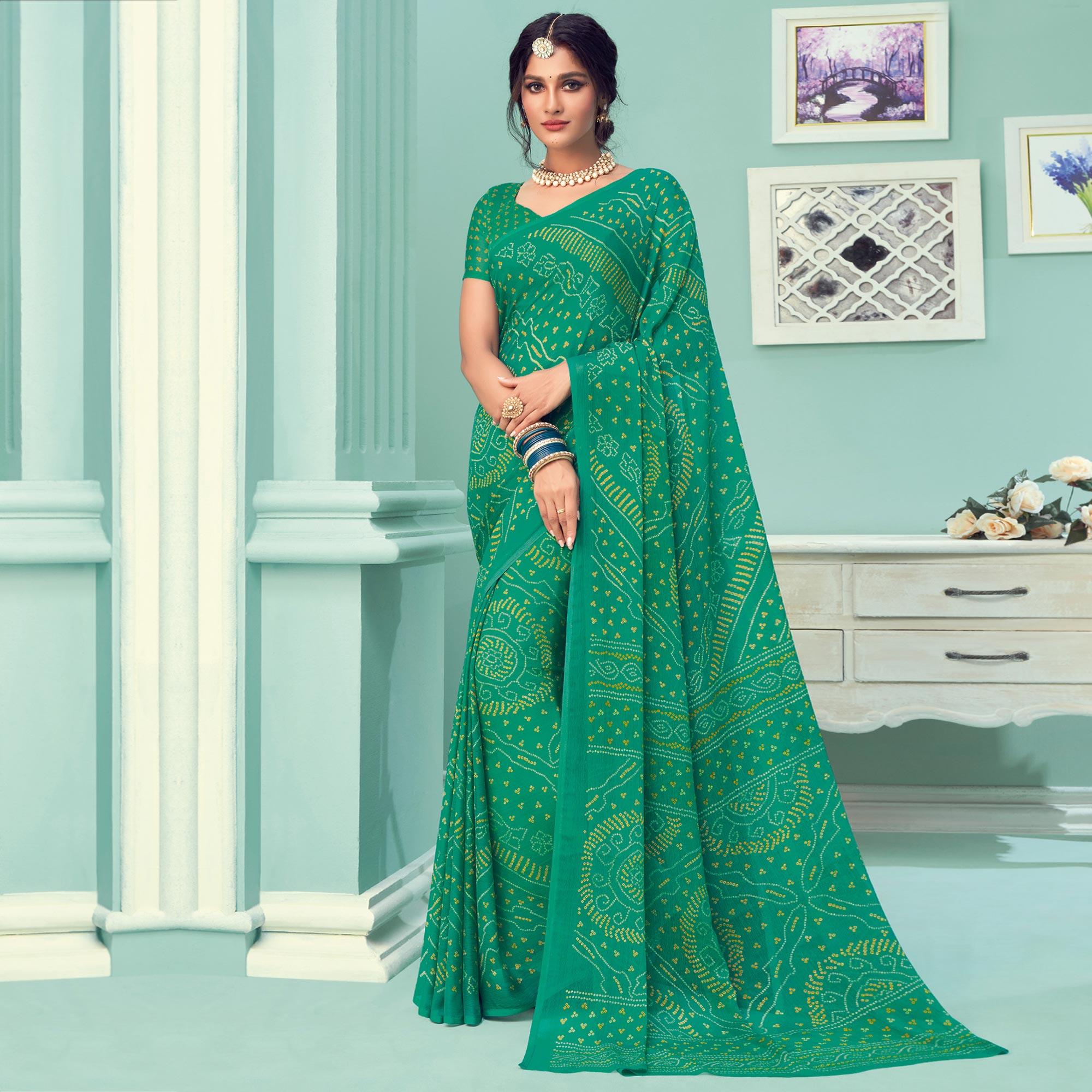 Green Casual Wear Printed Chiffon Bandhani Saree - Peachmode