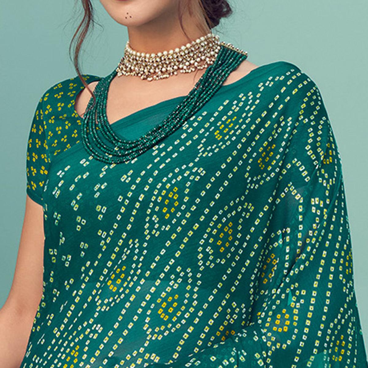 Green Casual Wear Printed Chiffon Bandhani Saree - Peachmode