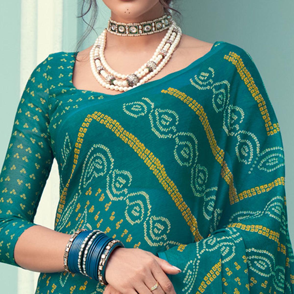 Green Casual Wear Printed Chiffon Bandhani Saree - Peachmode