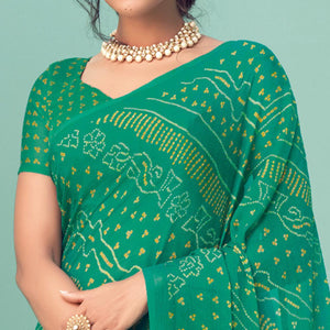 Green Casual Wear Printed Chiffon Bandhani Saree - Peachmode