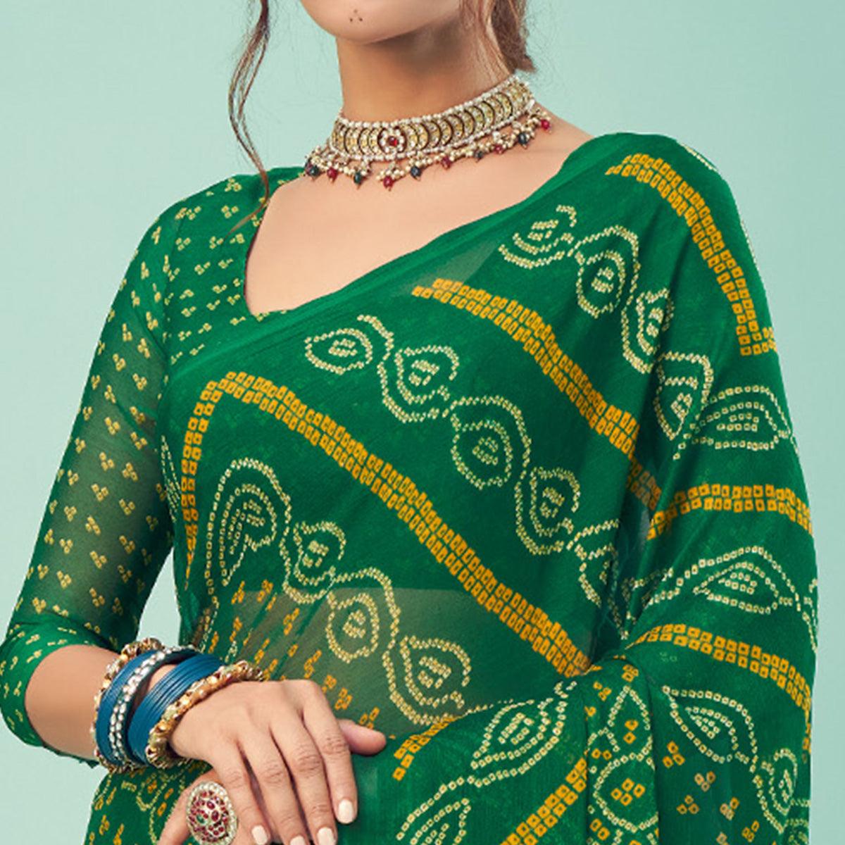 Green Casual Wear Printed Chiffon Bandhani Saree - Peachmode