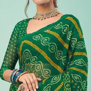 Green Casual Wear Printed Chiffon Bandhani Saree - Peachmode