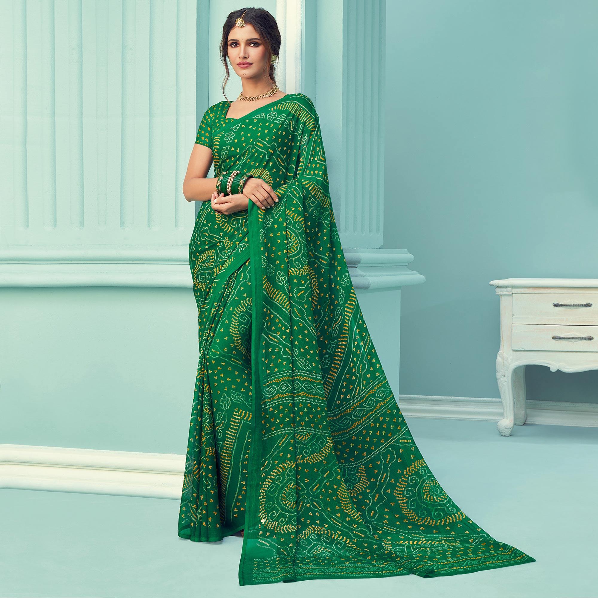 Green Casual Wear Printed Chiffon Bandhani Saree - Peachmode