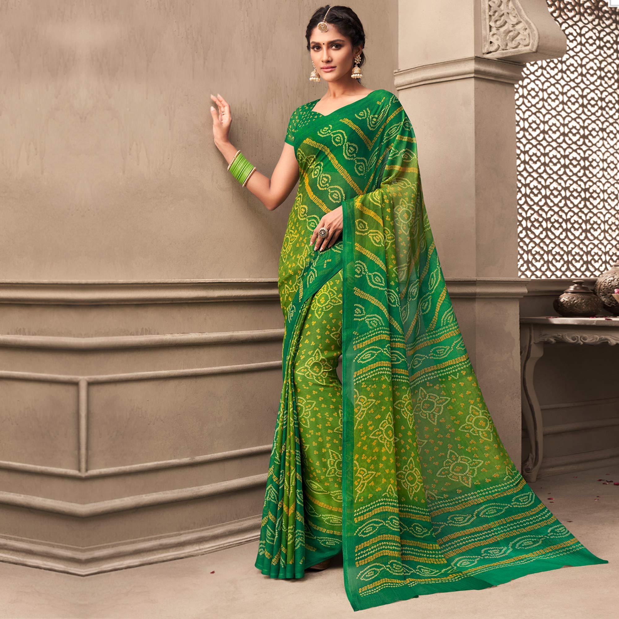 Green Casual Wear Printed Chiffon Saree - Peachmode